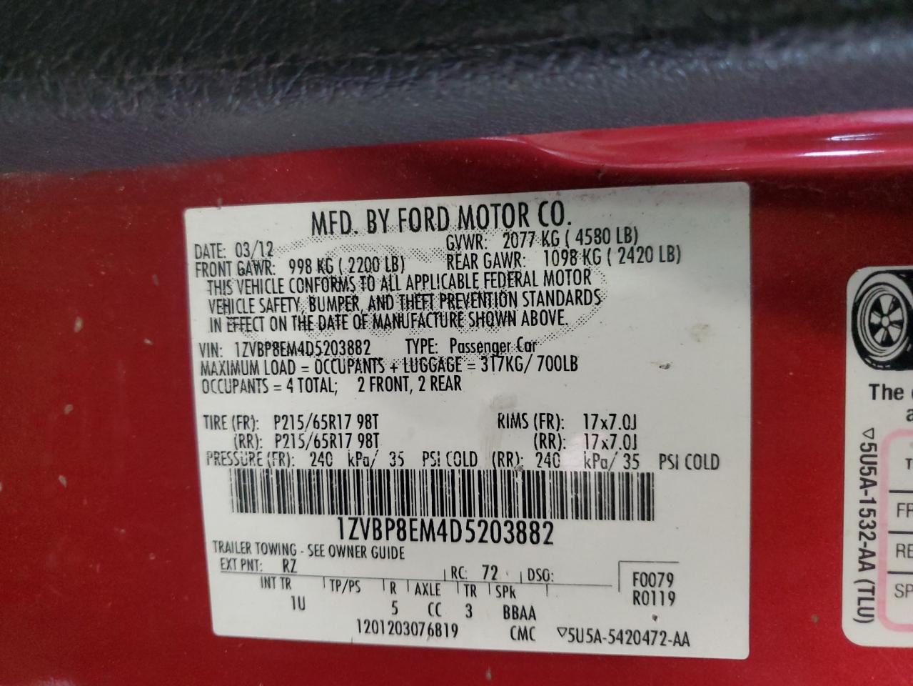 2013 Ford Mustang VIN: 1ZVBP8EM4D5203882 Lot: 69584974