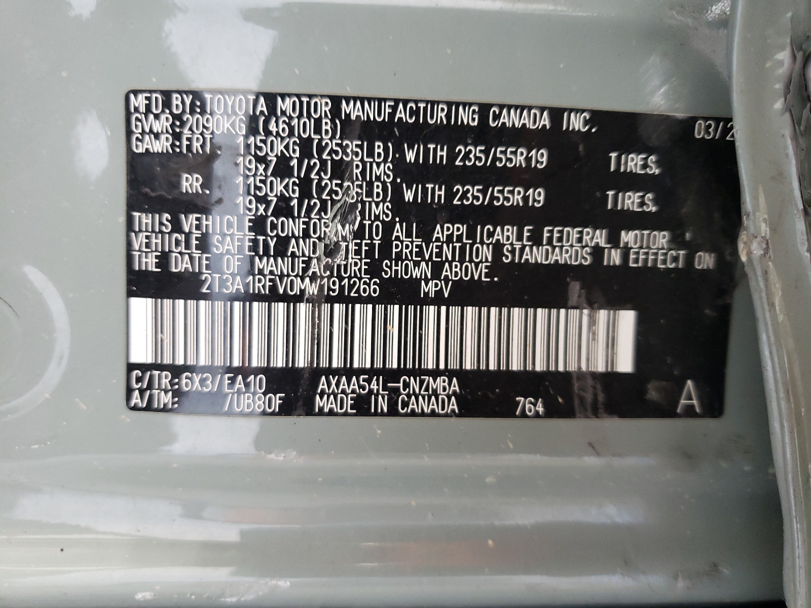 2T3A1RFV0MW191266 2021 Toyota Rav4 Xle Premium