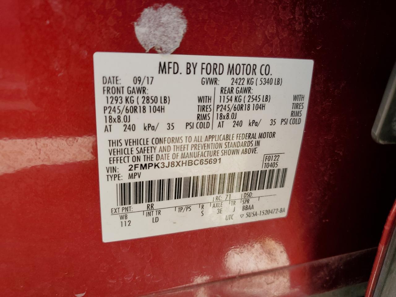 2017 Ford Edge Sel VIN: 2FMPK3J8XHBC65691 Lot: 67826664