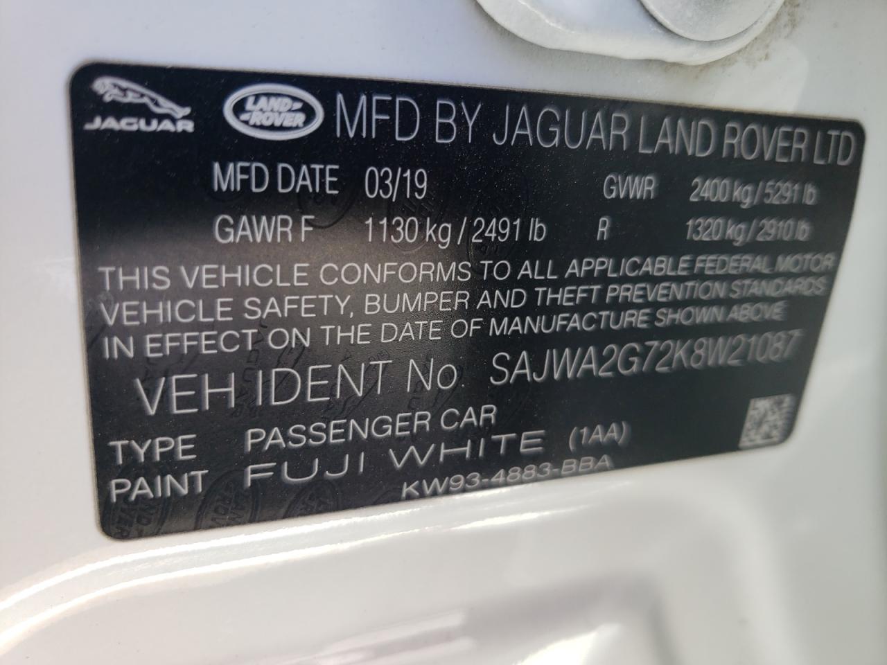 SAJWA2G72K8W21087 2019 Jaguar Xjl Portfolio