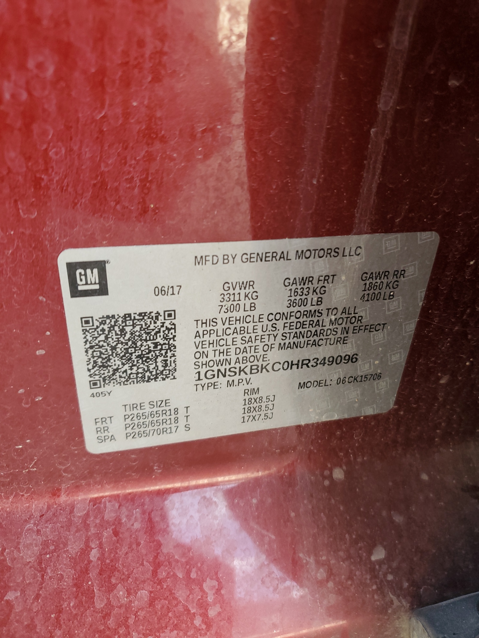 1GNSKBKC0HR349096 2017 Chevrolet Tahoe K1500 Lt