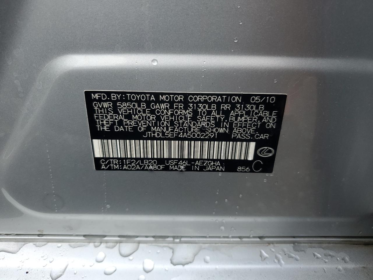 2010 Lexus Ls 460L VIN: JTHDL5EF4A5002291 Lot: 65928144