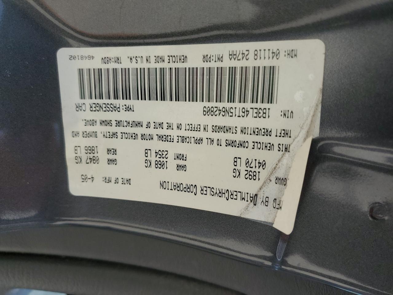 2005 Dodge Stratus Sxt VIN: 1B3EL46T15N642809 Lot: 65883604