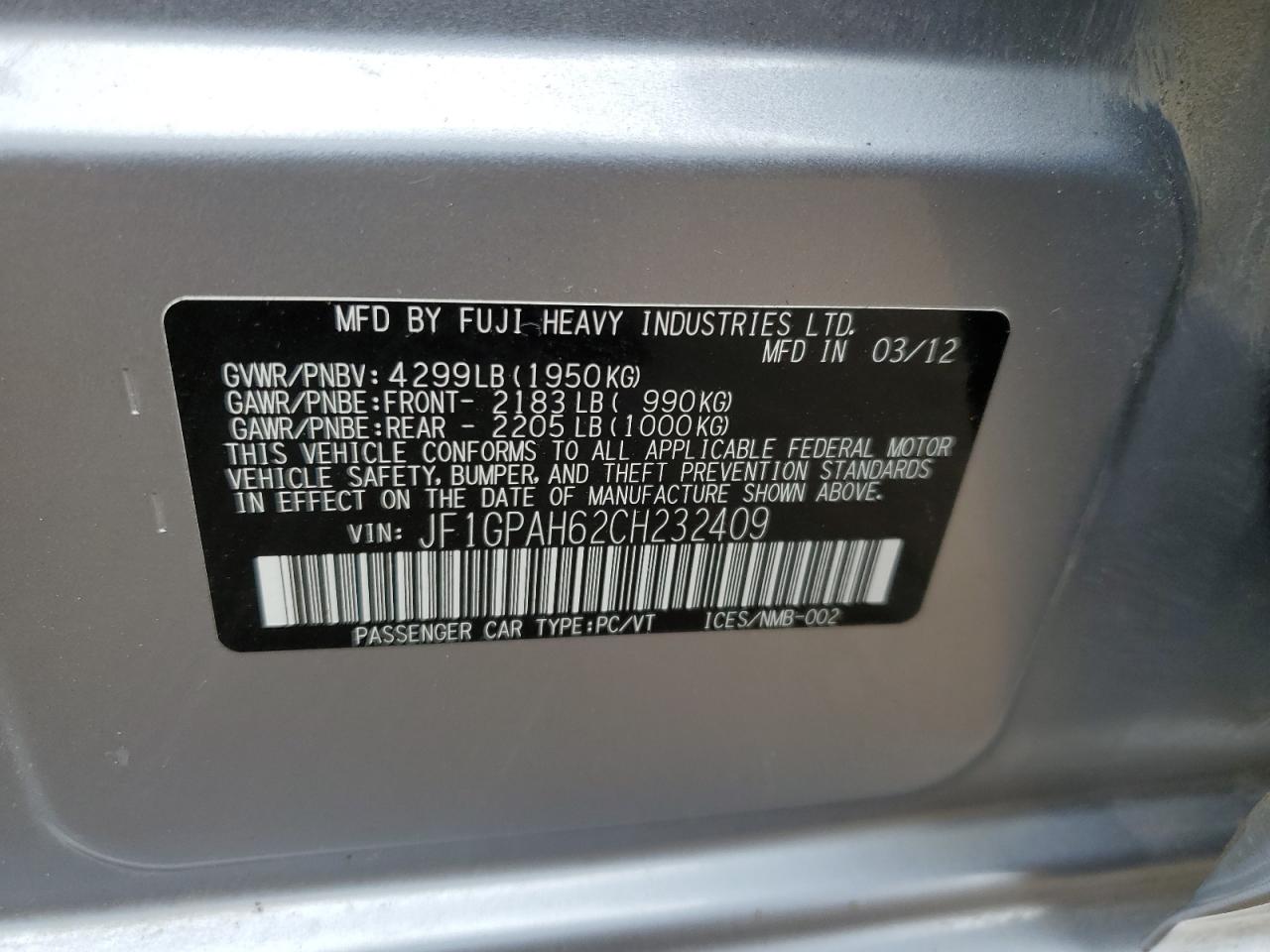 2012 Subaru Impreza Limited VIN: JF1GPAH62CH232409 Lot: 67047694