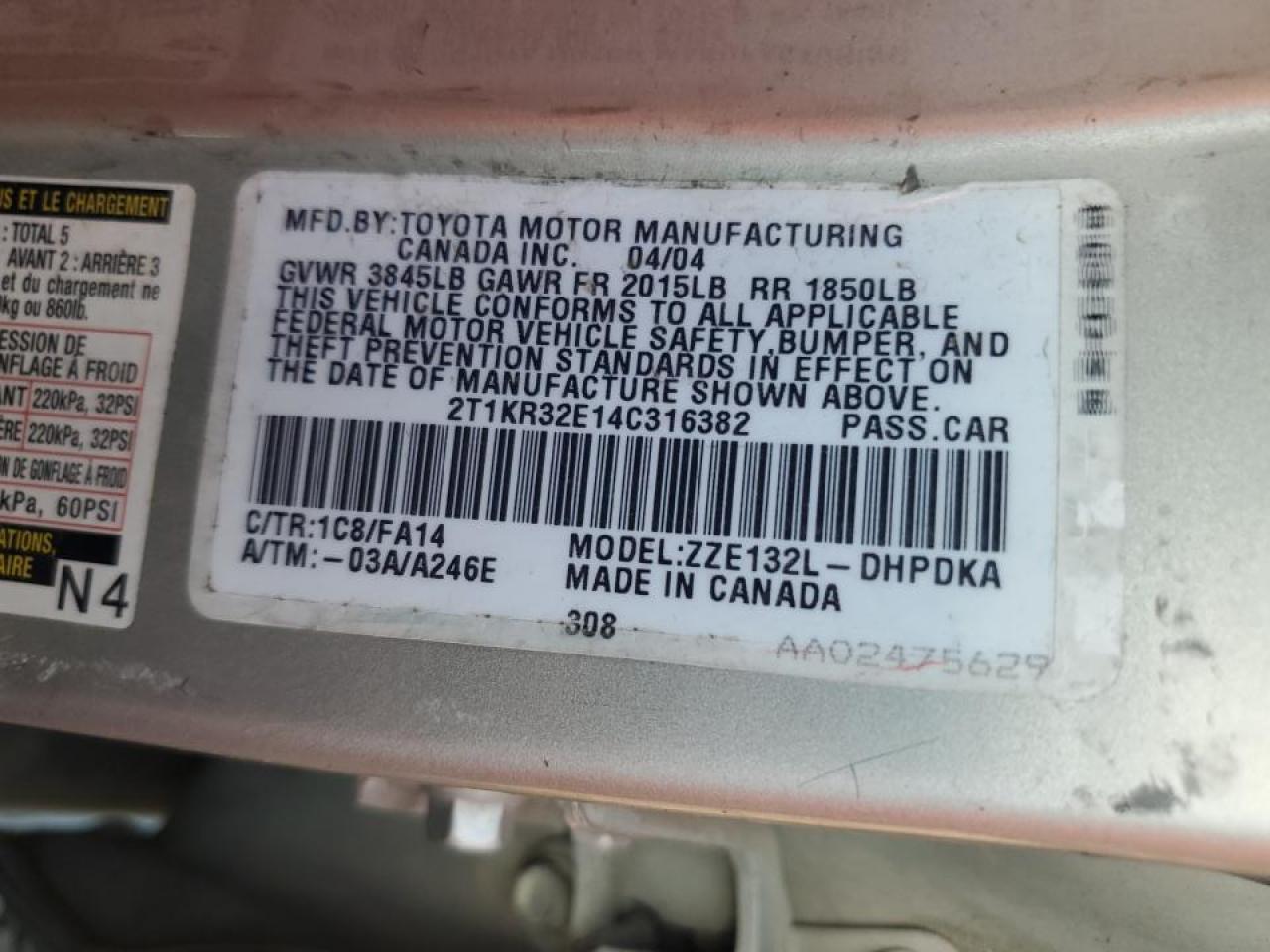 2004 Toyota Corolla Matrix Xr VIN: 2T1KR32E14C316382 Lot: 69483004