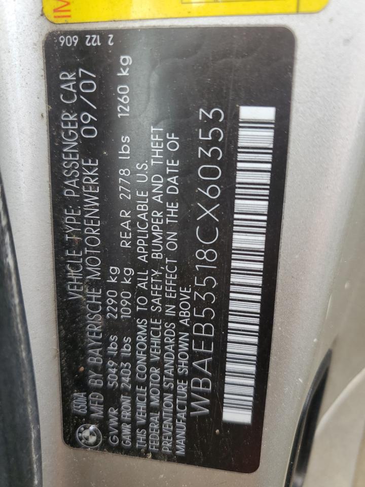 2008 BMW 650 I VIN: WBAEB53518CX60353 Lot: 65582964