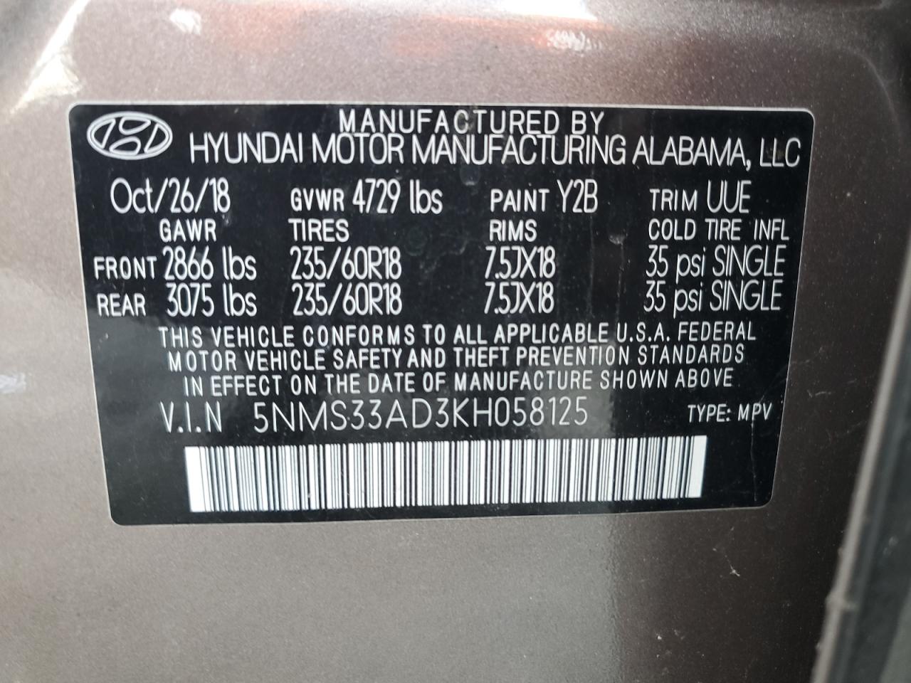 5NMS33AD3KH058125 2019 Hyundai Santa Fe Sel