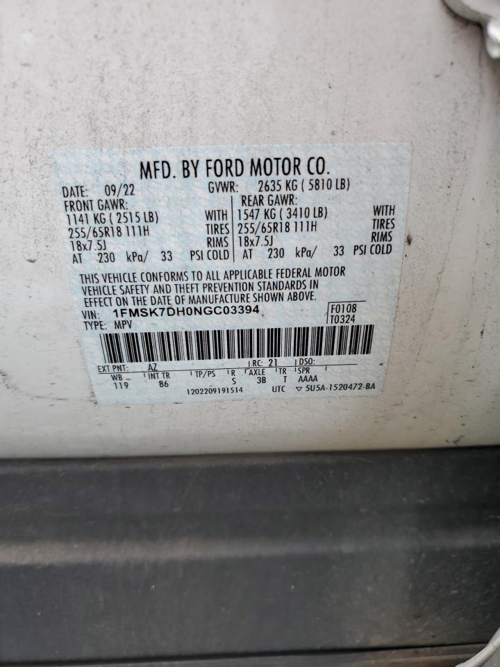 2022 Ford Explorer Xlt VIN: 1FMSK7DH0NGC03394 Lot: 65496954