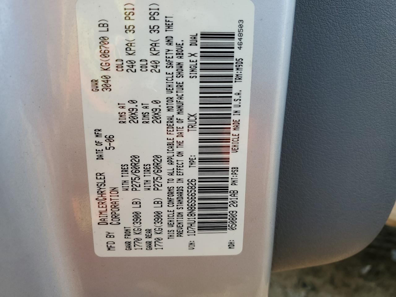 2006 Dodge Ram 1500 St VIN: 1D7HU18N86S665826 Lot: 67769514