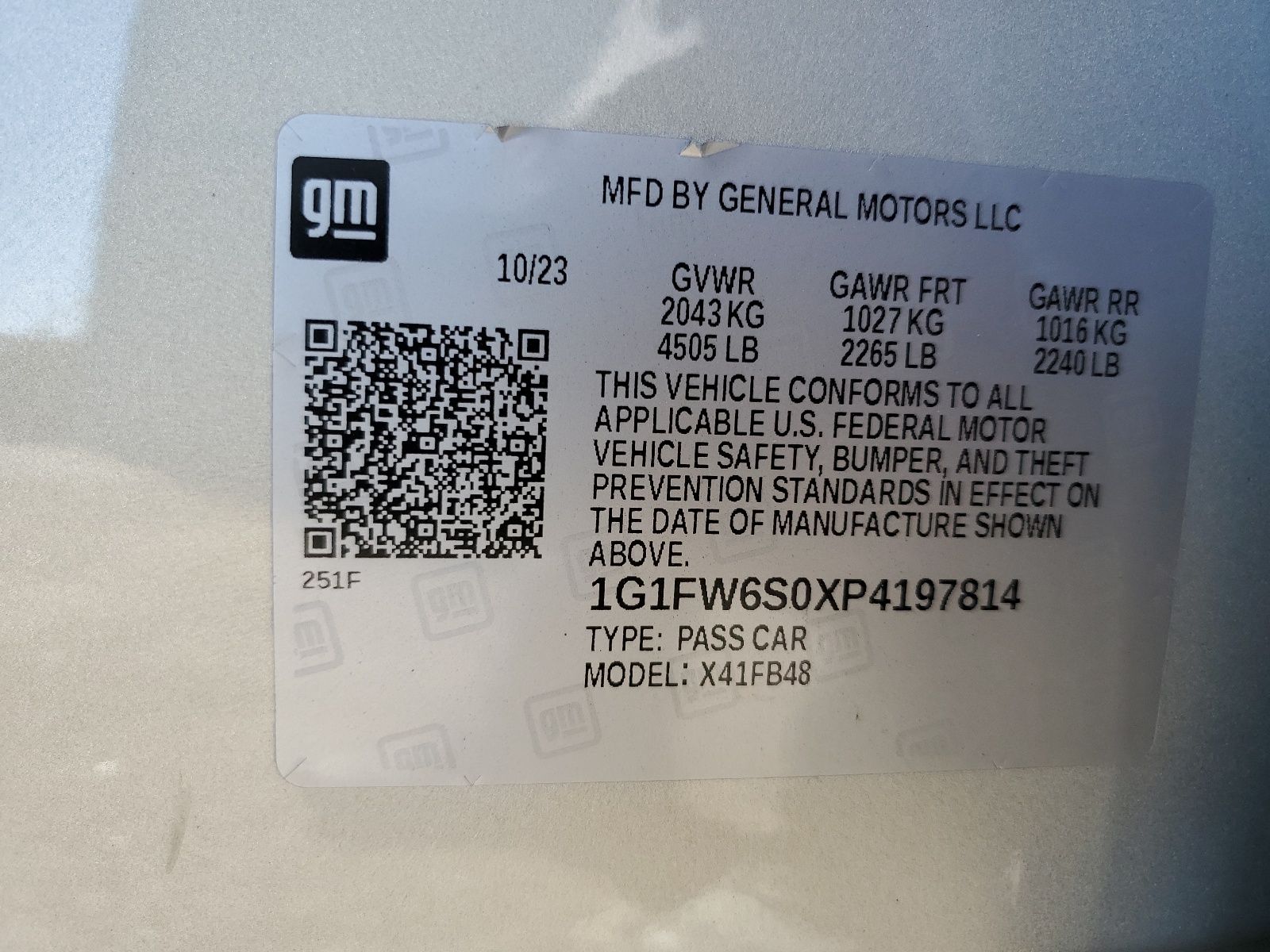 1G1FW6S0XP4197814 2023 Chevrolet Bolt Ev 1Lt