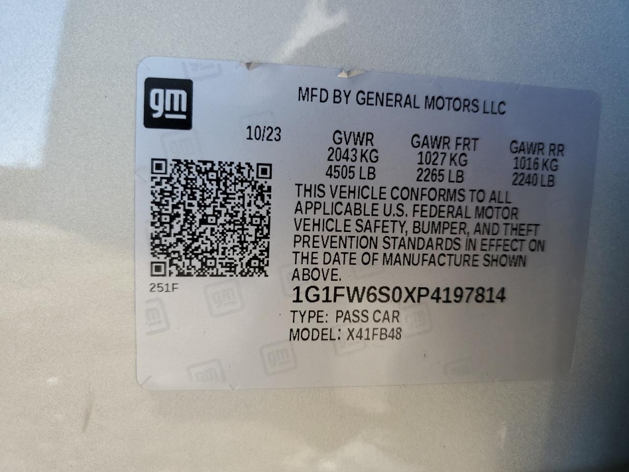 2023 Chevrolet Bolt Ev 1Lt VIN: 1G1FW6S0XP4197814 Lot: 67208334