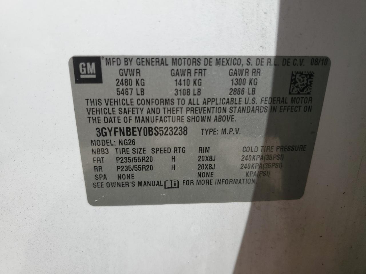 2011 Cadillac Srx Performance Collection VIN: 3GYFNBEY0BS523238 Lot: 65835224