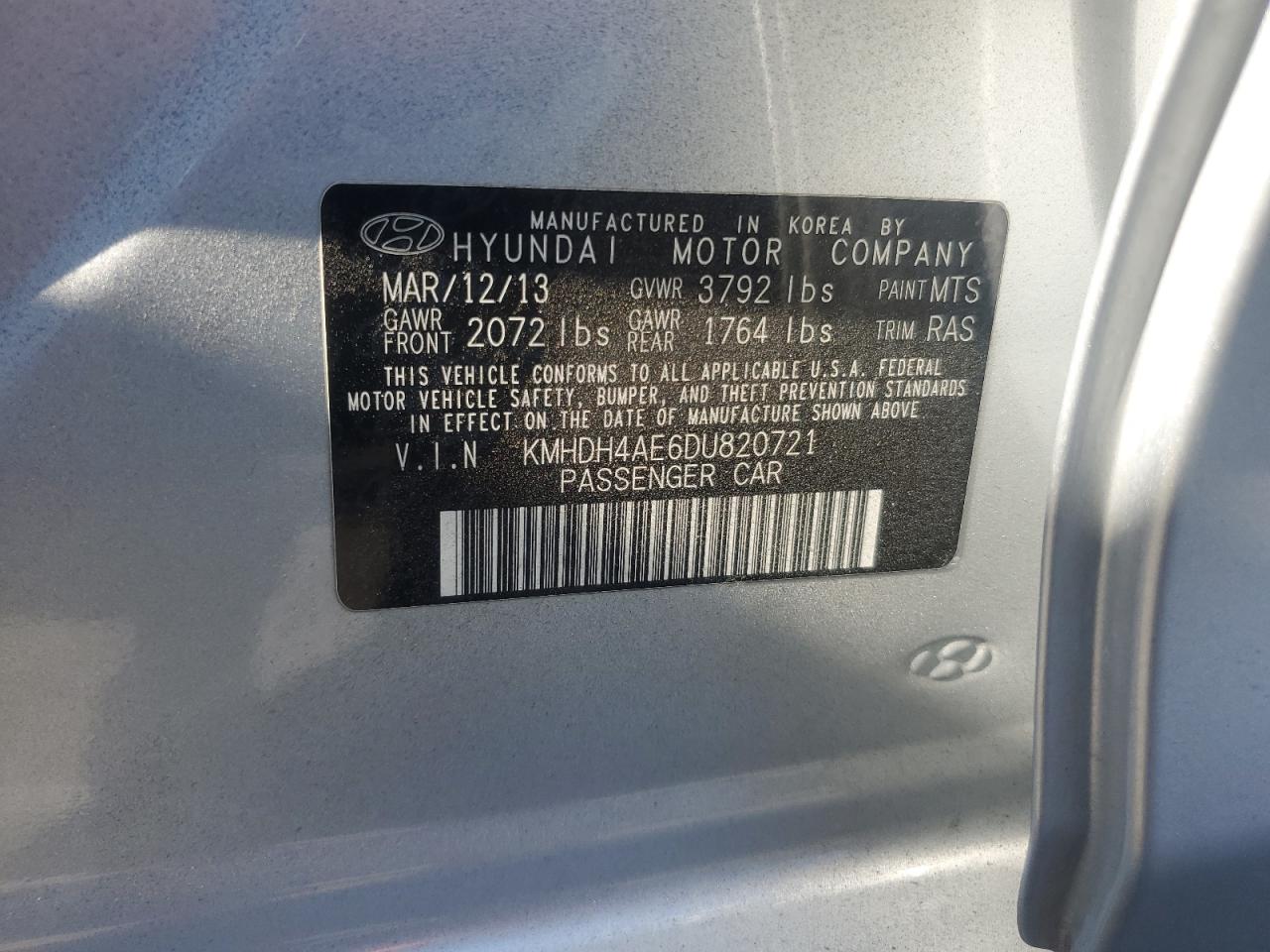 2013 Hyundai Elantra Gls VIN: KMHDH4AE6DU820721 Lot: 66891154