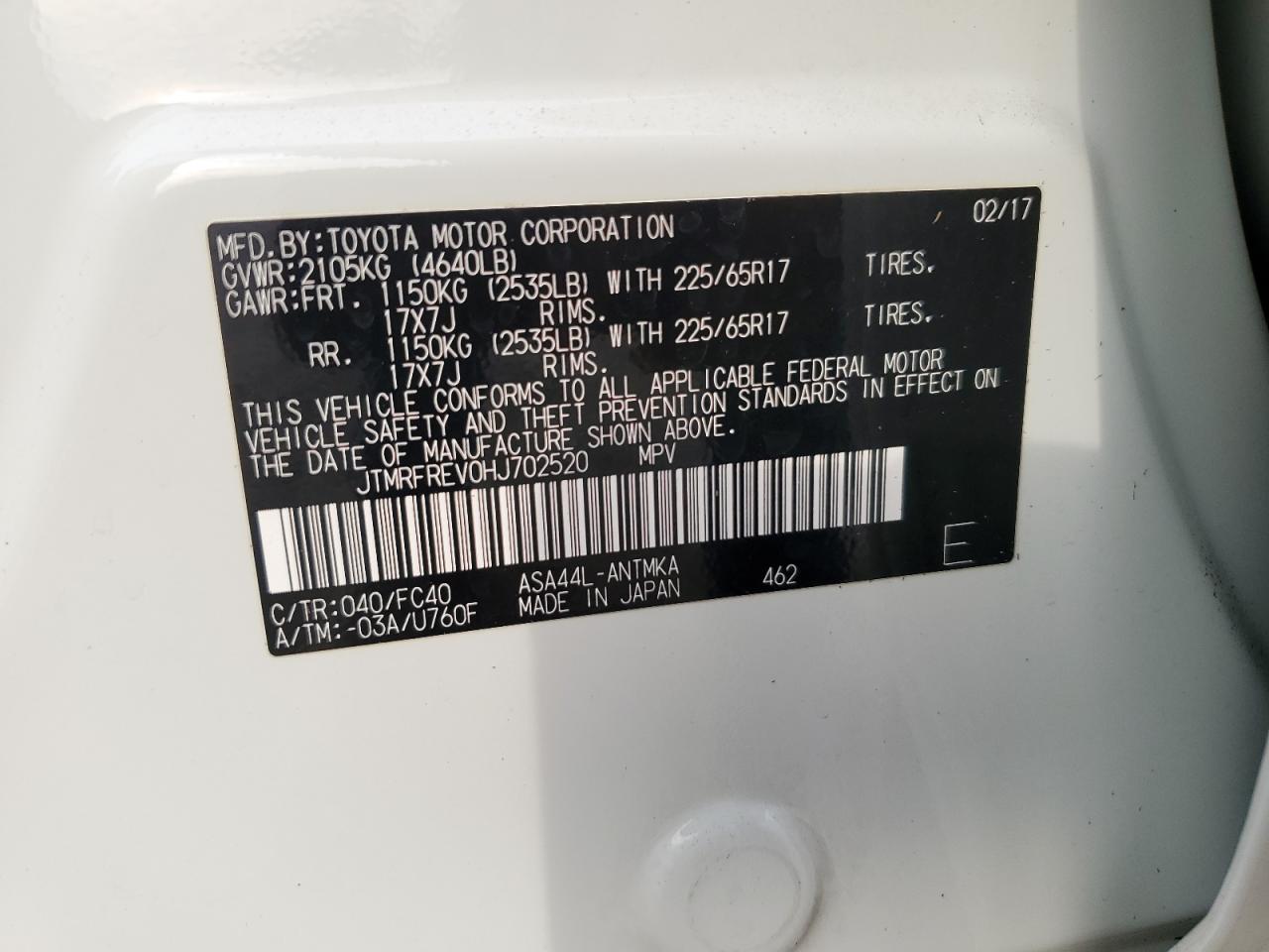 2017 Toyota Rav4 Xle VIN: JTMRFREV0HJ702520 Lot: 67694554