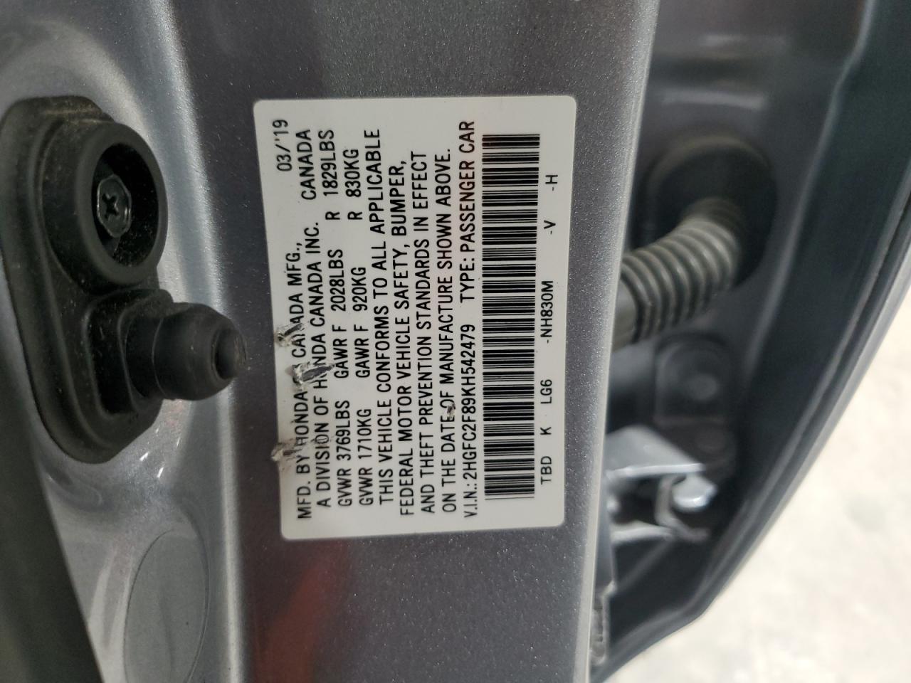 2019 Honda Civic Sport VIN: 2HGFC2F89KH542479 Lot: 65593694