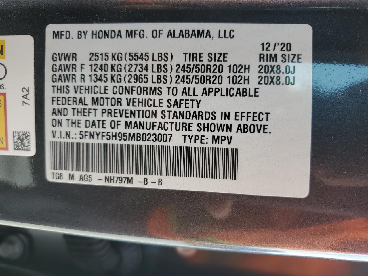 2021 Honda Pilot Touring VIN: 5FNYF5H95MB023007 Lot: 67153894