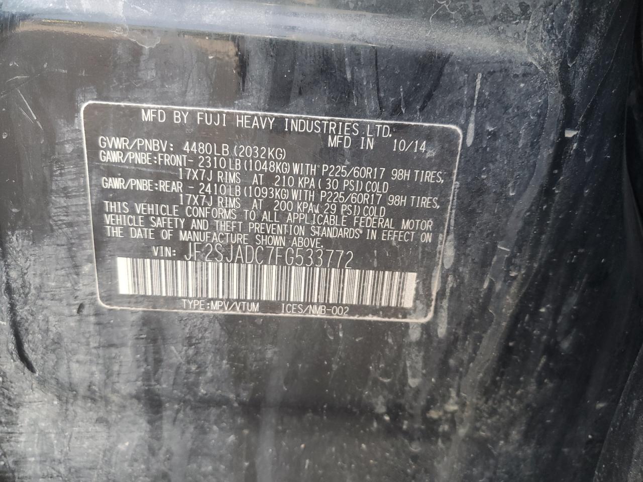 2015 Subaru Forester 2.5I Premium VIN: JF2SJADC7FG533772 Lot: 68335684