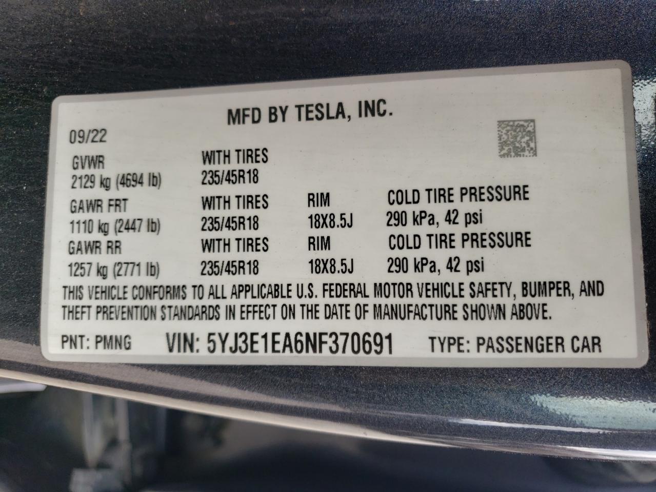 5YJ3E1EA6NF370691 2022 Tesla Model 3