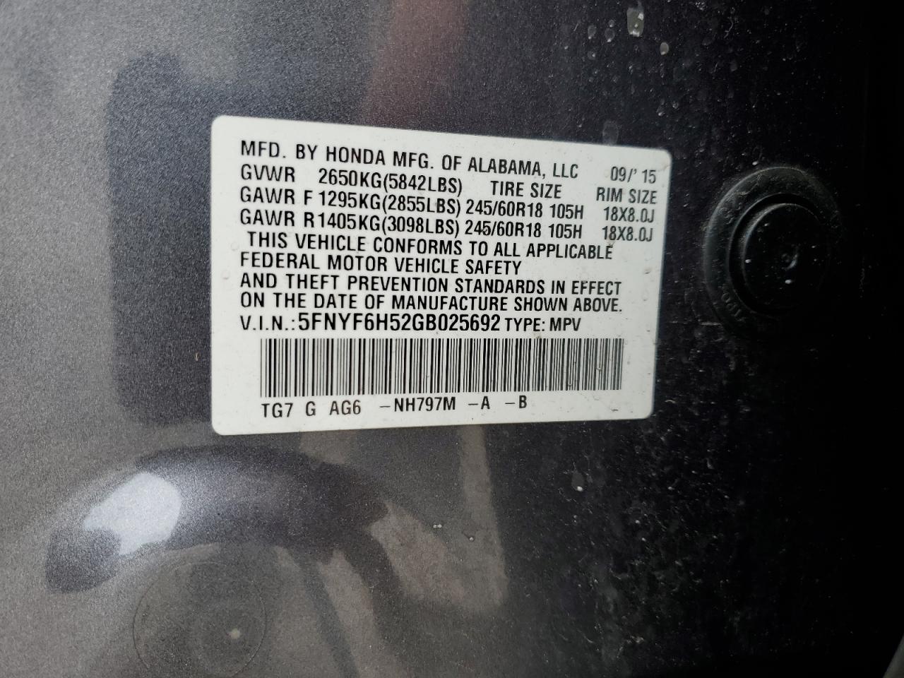 2016 Honda Pilot Exl VIN: 5FNYF6H52GB025692 Lot: 65741084