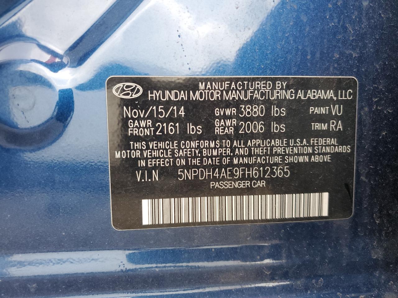 2015 Hyundai Elantra Se VIN: 5NPDH4AE9FH612365 Lot: 68454974