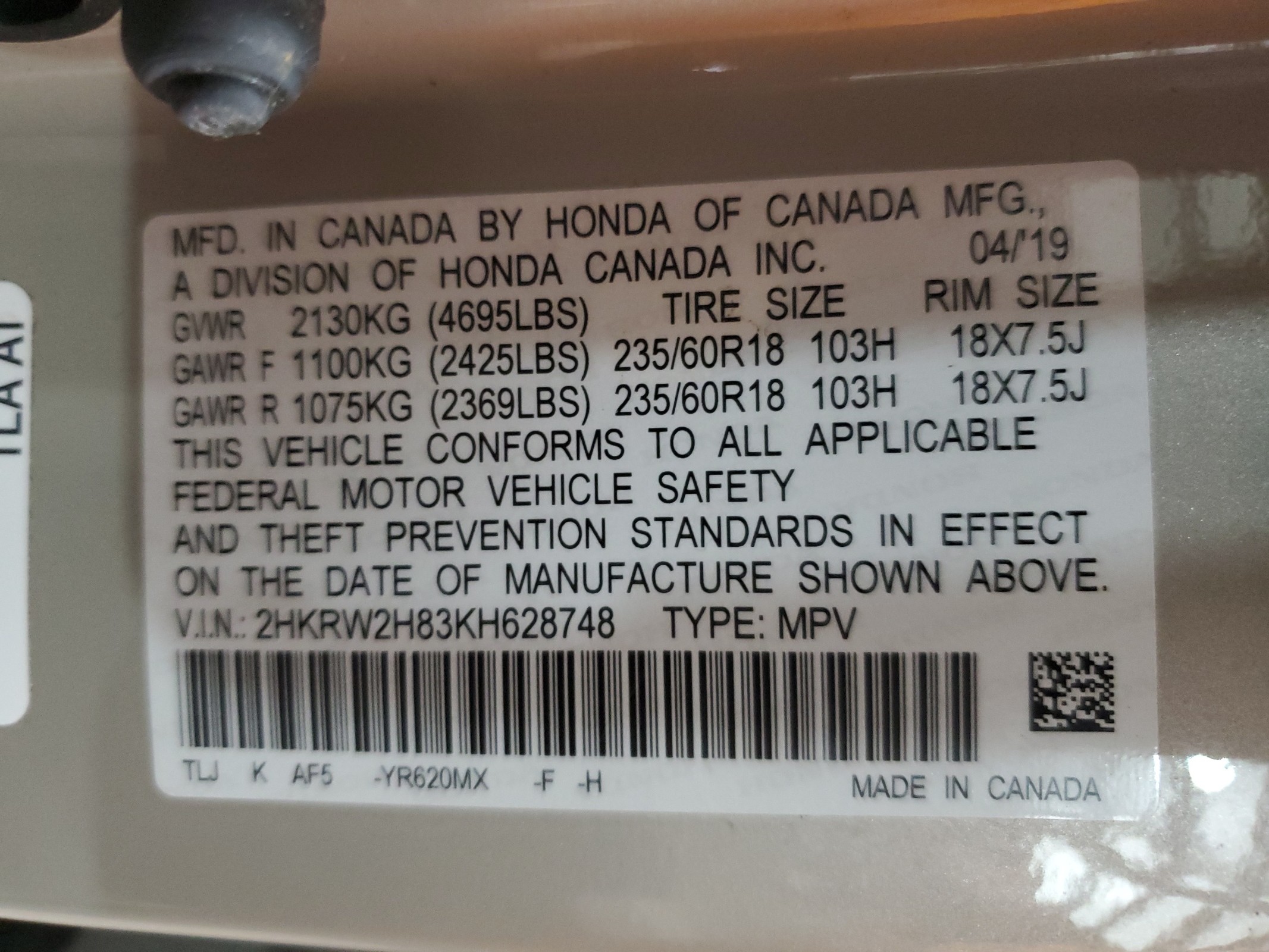 2HKRW2H83KH628748 2019 Honda Cr-V Exl