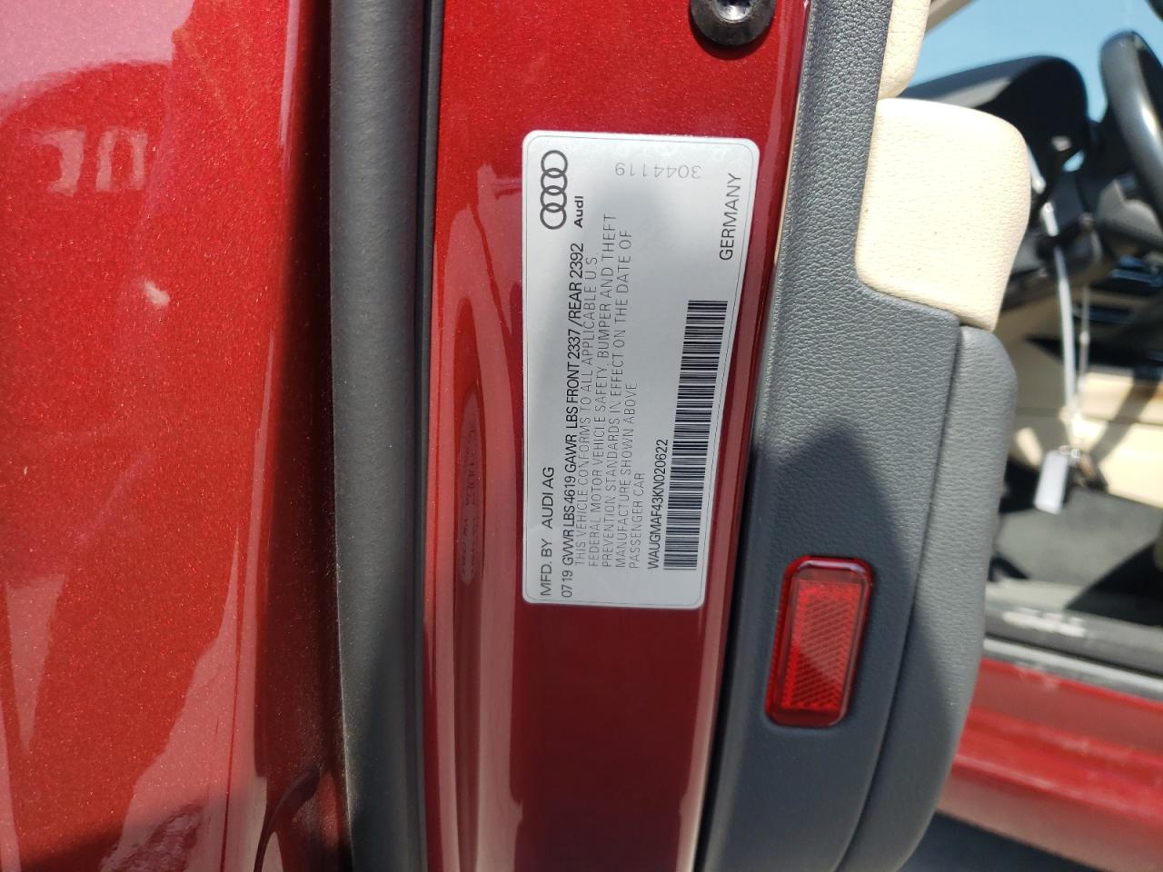 2019 Audi A4 Premium VIN: WAUGMAF43KN020622 Lot: 65613234