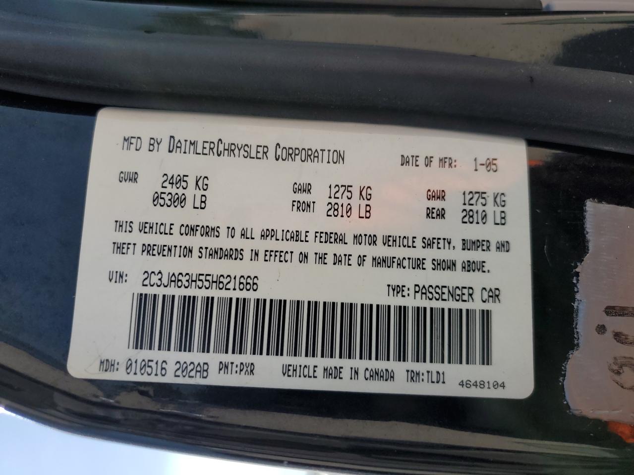 2005 Chrysler 300C VIN: 2C3JA63H55H621666 Lot: 68074834