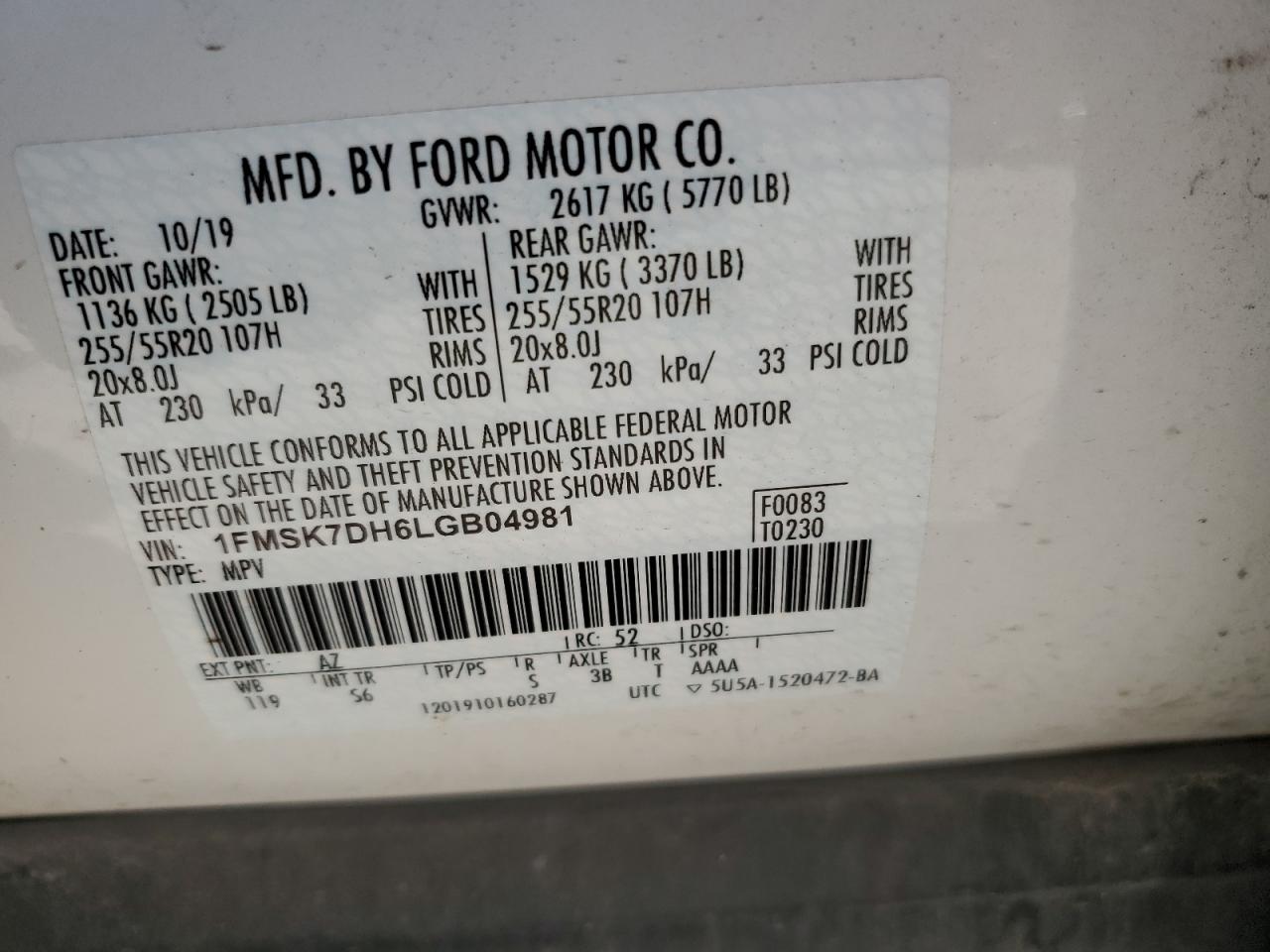 2020 Ford Explorer Xlt VIN: 1FMSK7DH6LGB04981 Lot: 66169364