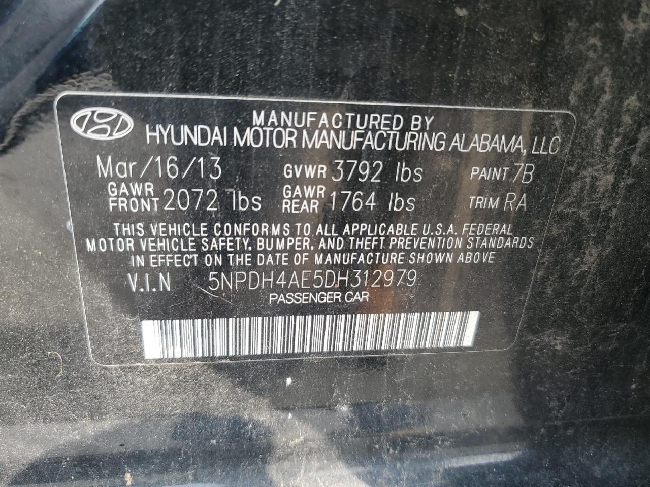 2013 Hyundai Elantra Gls VIN: 5NPDH4AE5DH312979 Lot: 65027594