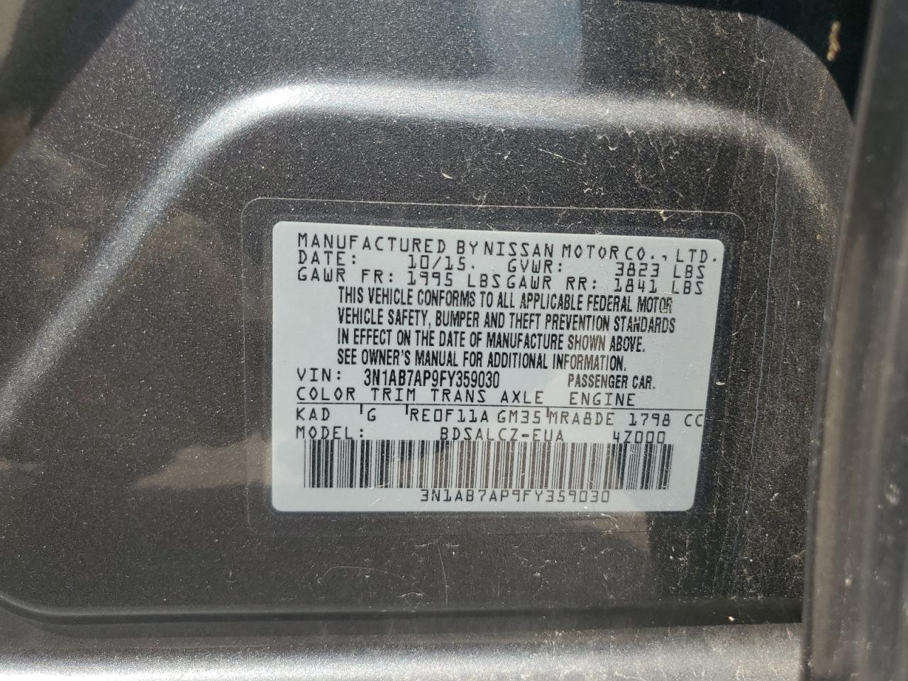 2015 Nissan Sentra S VIN: 3N1AB7AP9FY359030 Lot: 67245874