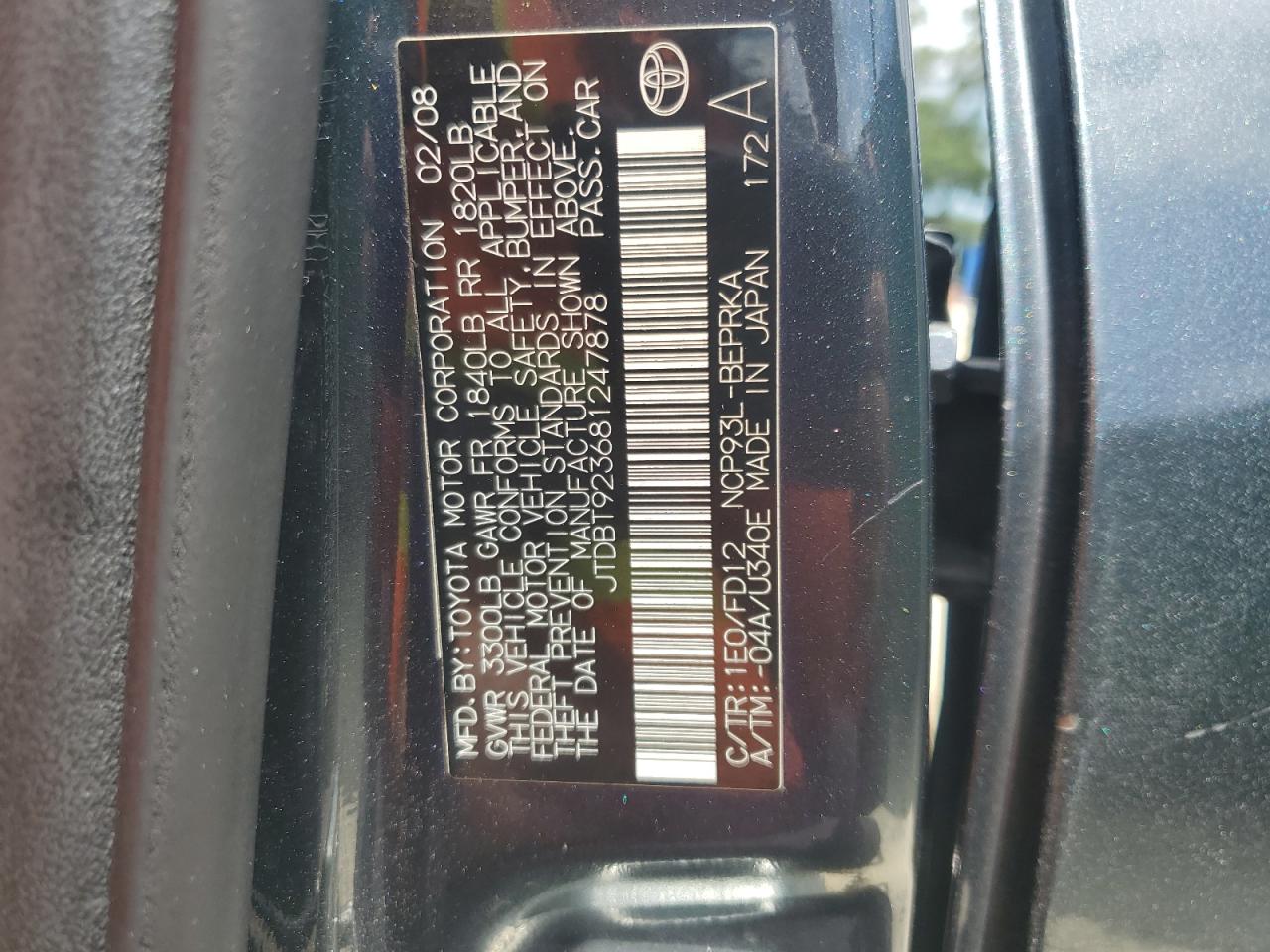 2008 Toyota Yaris VIN: JTDBT923681247878 Lot: 67568894