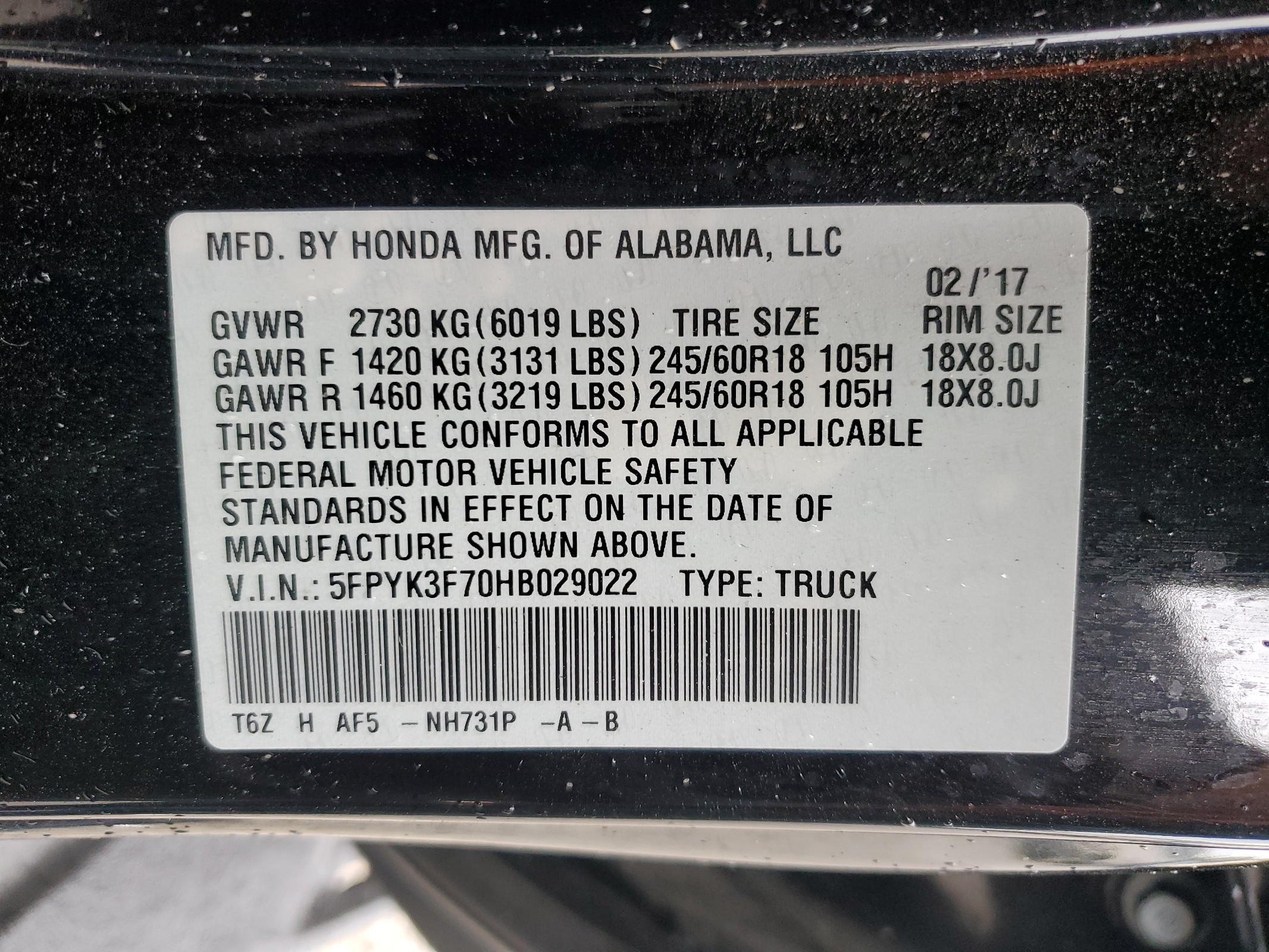 5FPYK3F70HB029022 2017 Honda Ridgeline Rtl