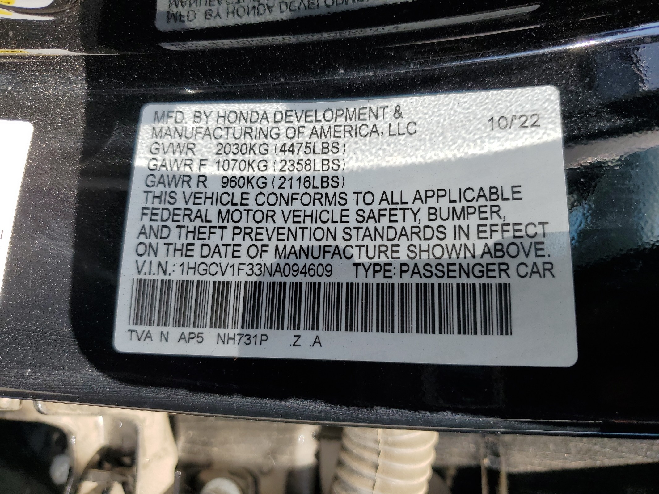 1HGCV1F33NA094609 2022 Honda Accord Sport
