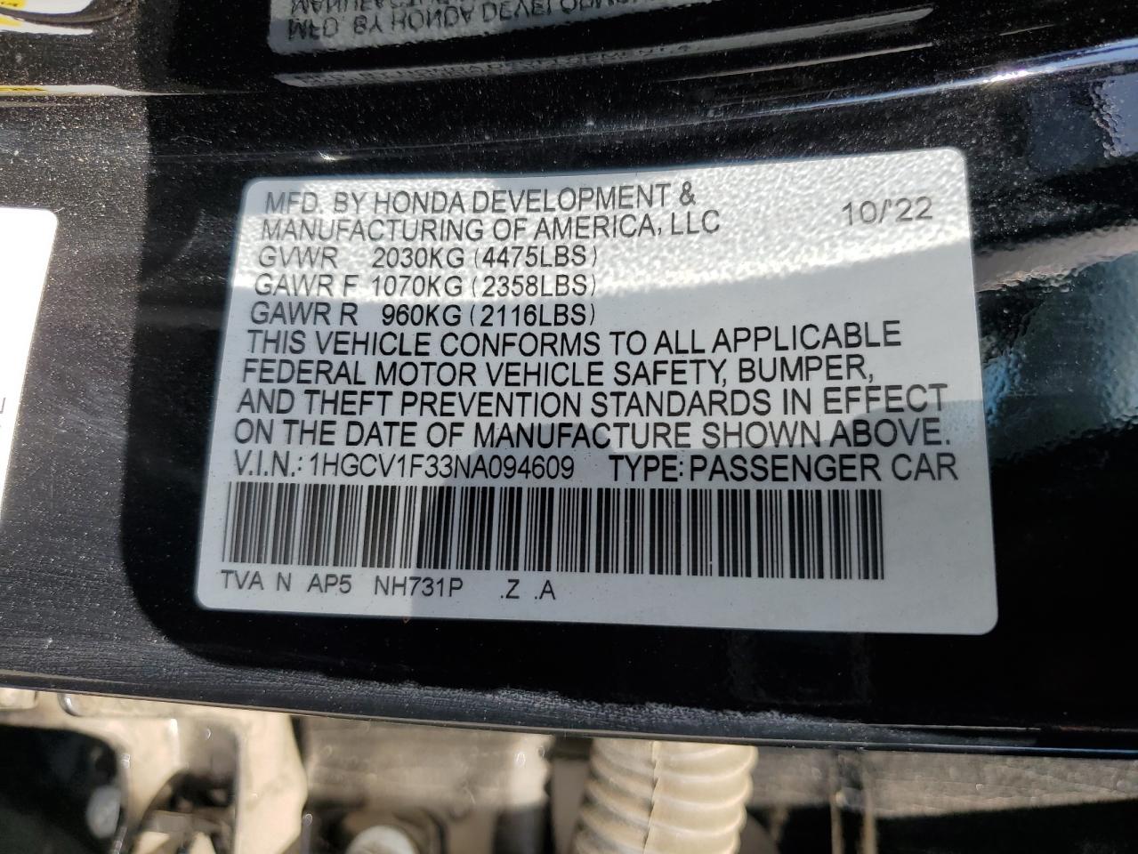 2022 Honda Accord Sport VIN: 1HGCV1F33NA094609 Lot: 66383594