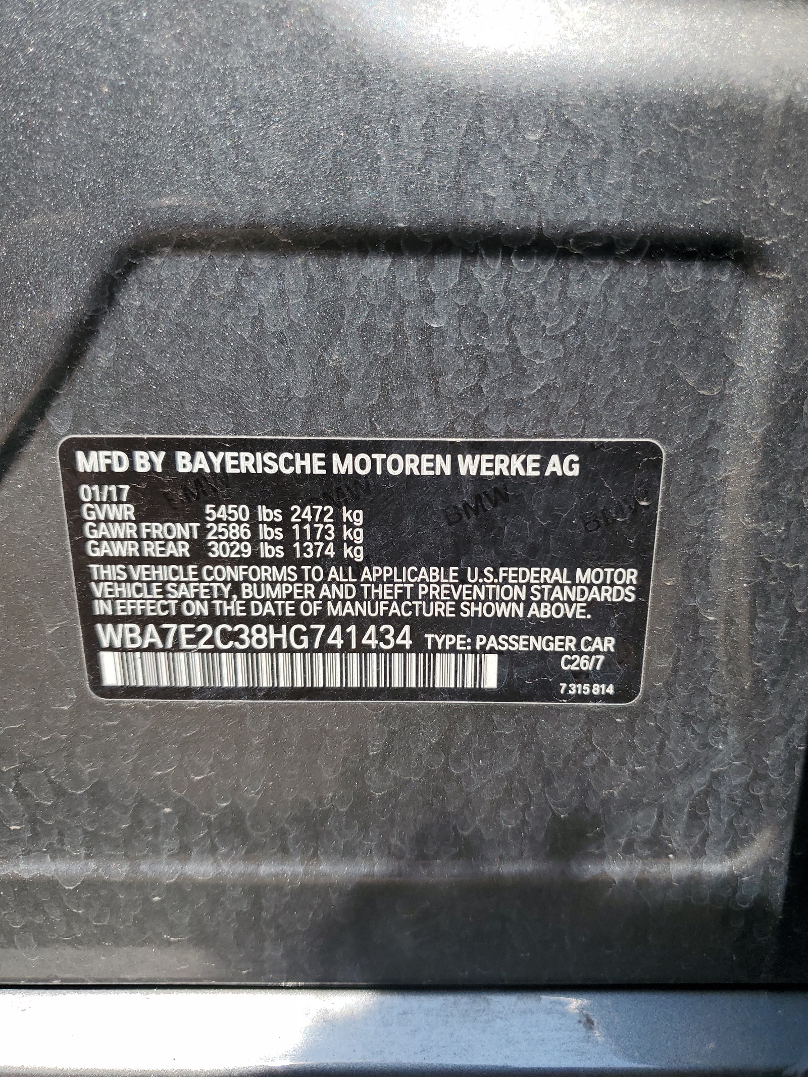 WBA7E2C38HG741434 2017 BMW 740 I