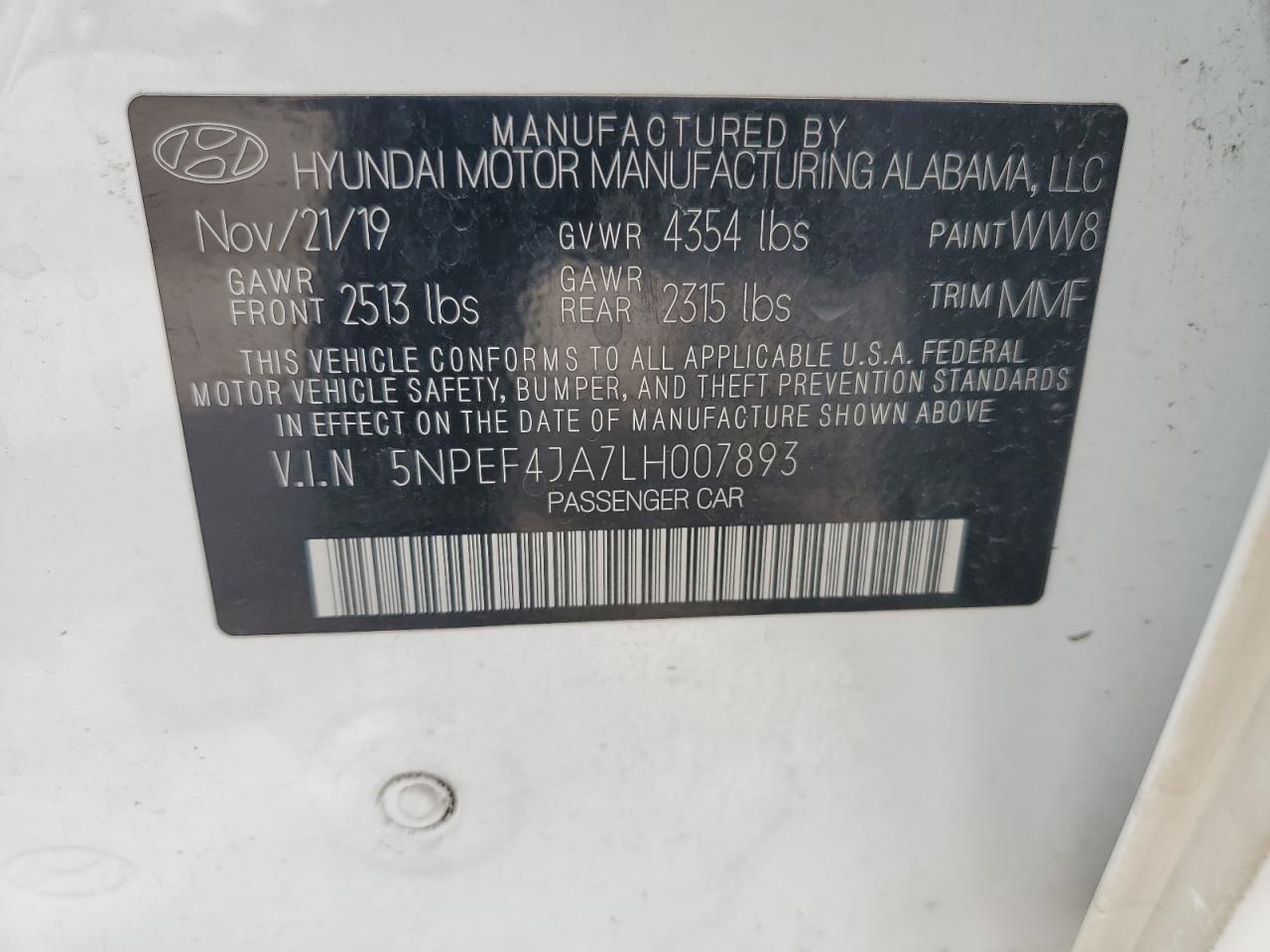 5NPEF4JA7LH007893 2020 Hyundai Sonata Sel