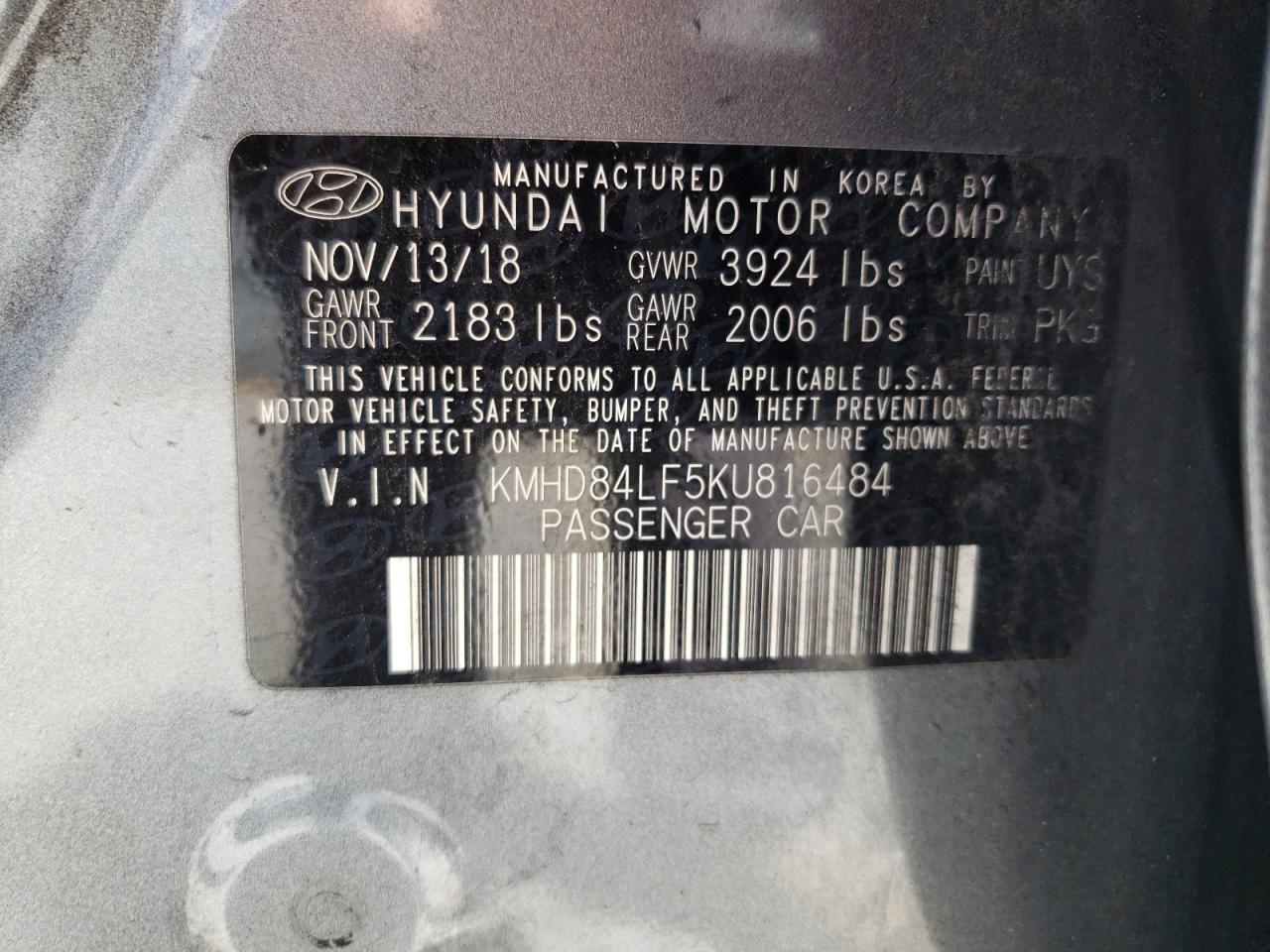 KMHD84LF5KU816484 2019 Hyundai Elantra Sel