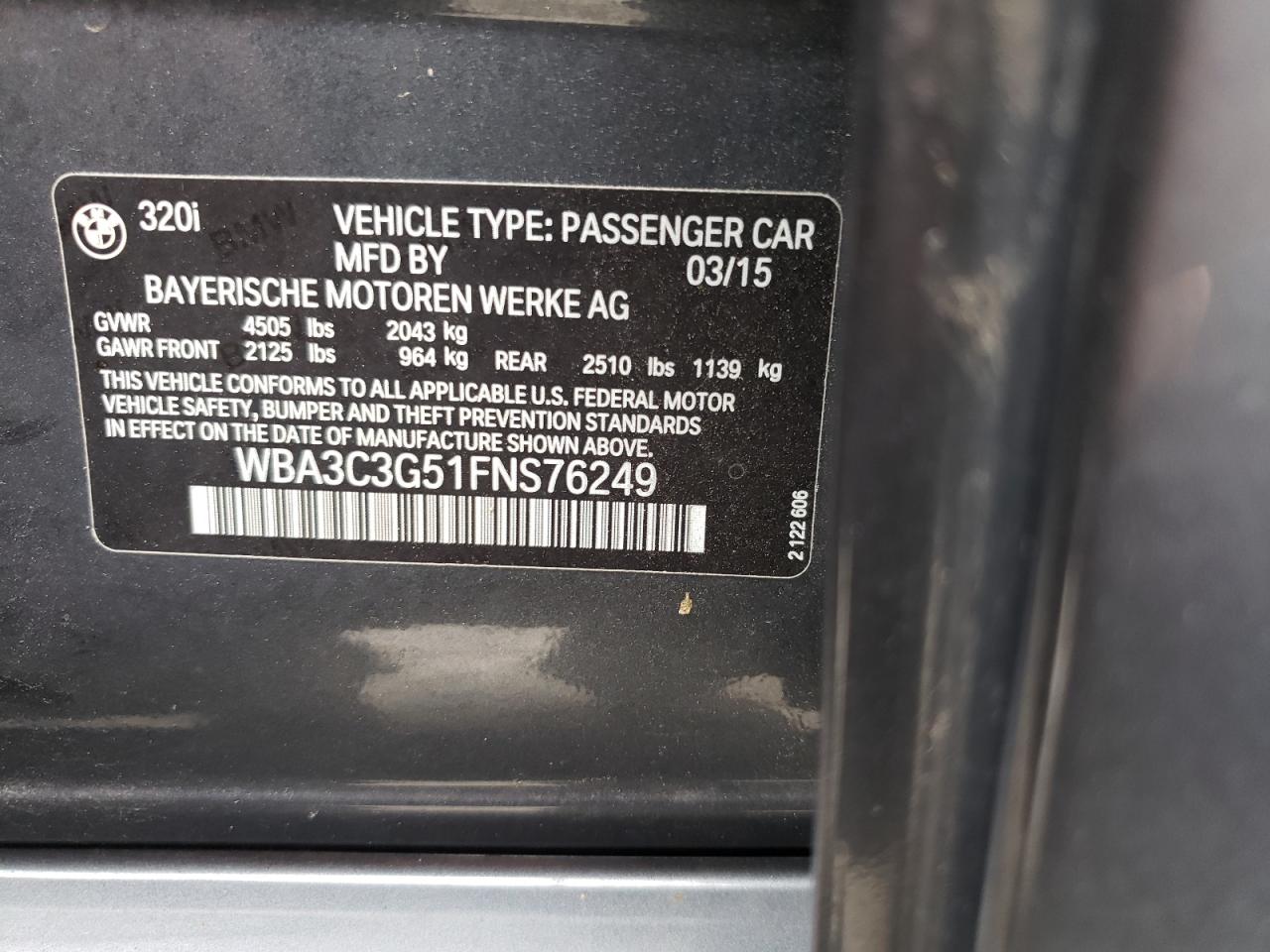 2015 BMW 320 I xDrive VIN: WBA3C3G51FNS76249 Lot: 65817844