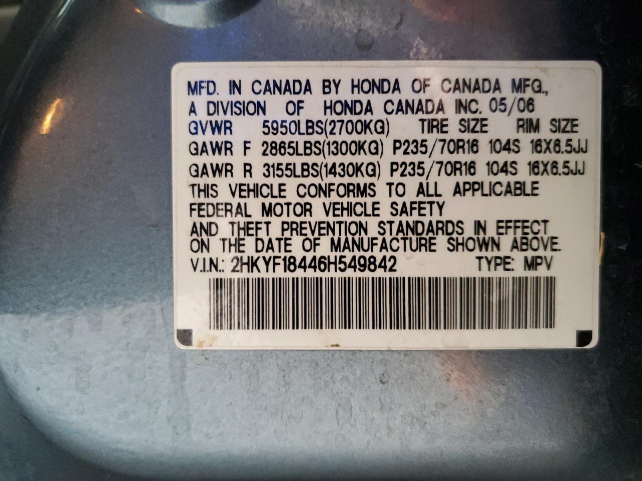 2006 Honda Pilot Ex VIN: 2HKYF18446H549842 Lot: 68191104