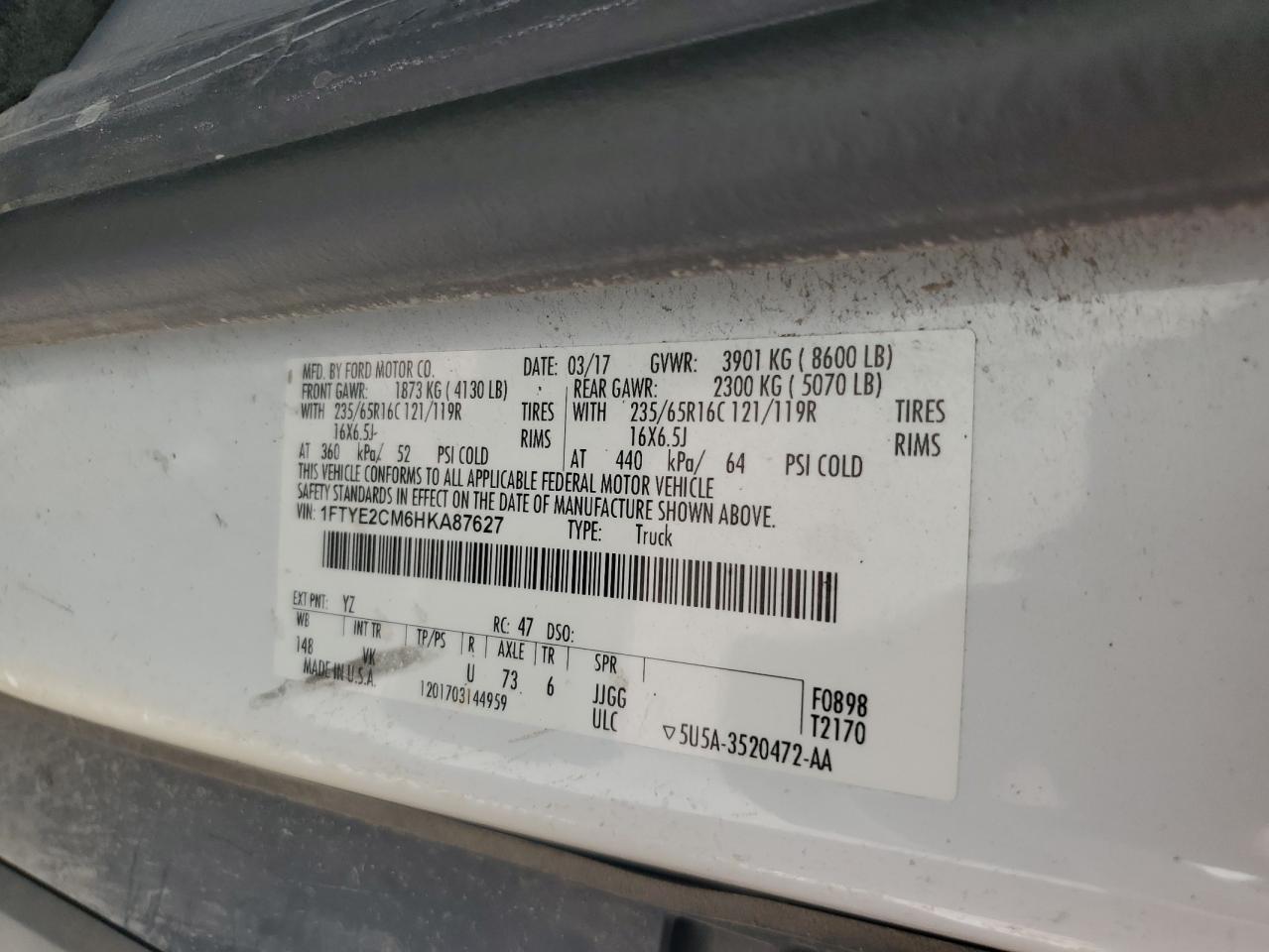 2017 Ford Transit T-150 VIN: 1FTYE2CM6HKA87627 Lot: 67801224