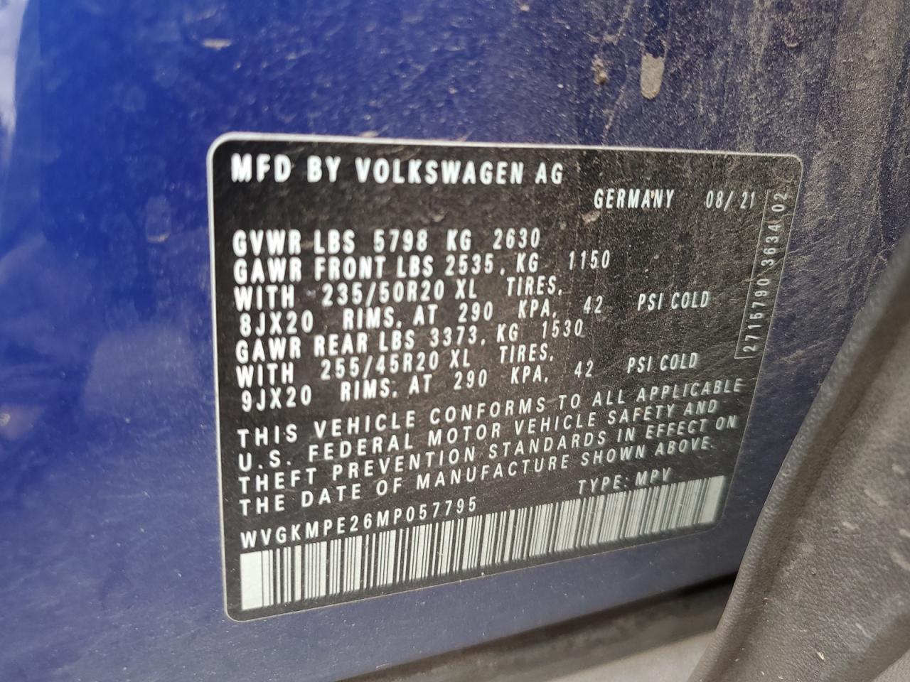 2021 Volkswagen Id.4 Pro S VIN: WVGKMPE26MP057795 Lot: 60633264