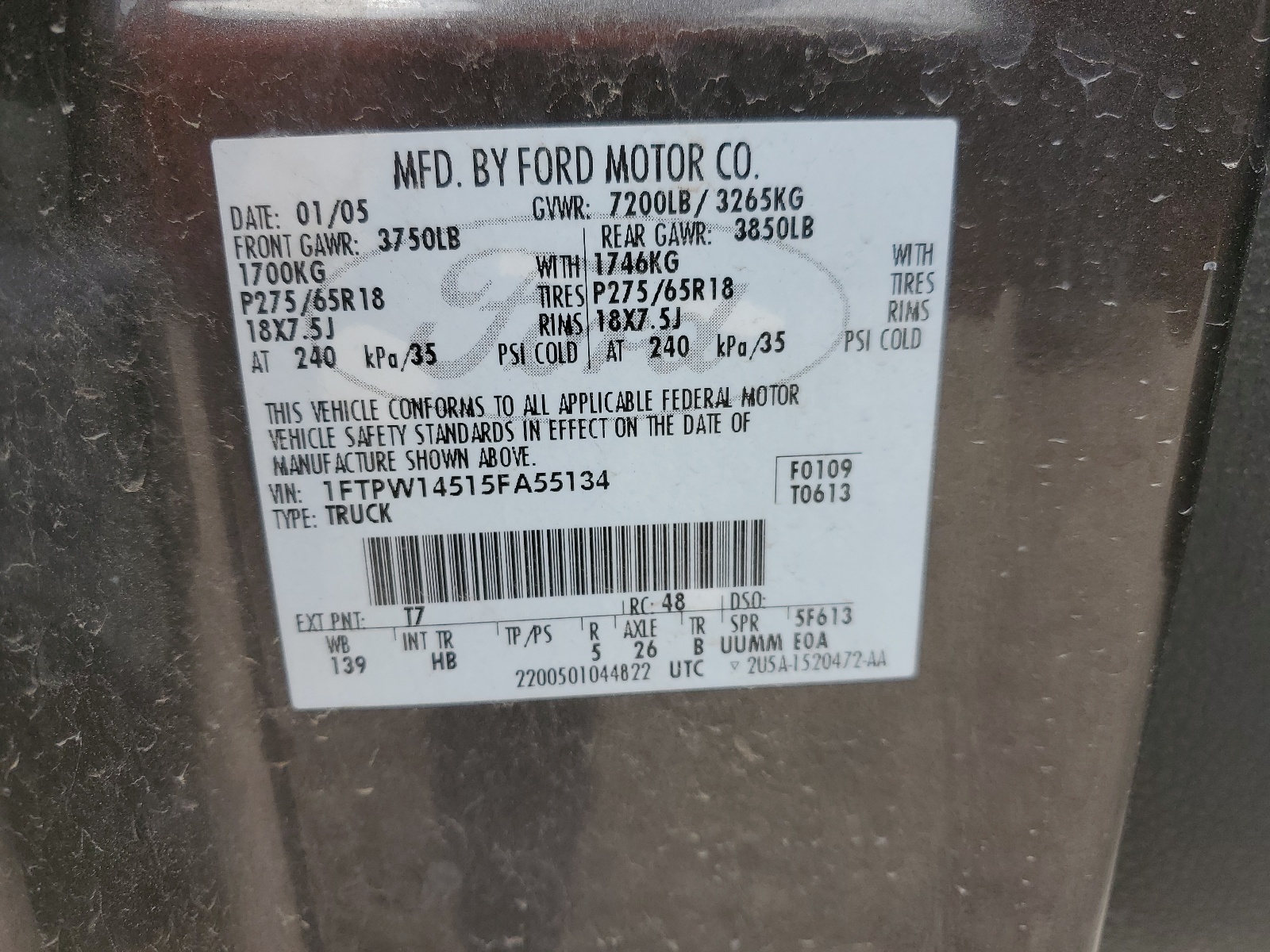 1FTPW14515FA55134 2005 Ford F150 Supercrew