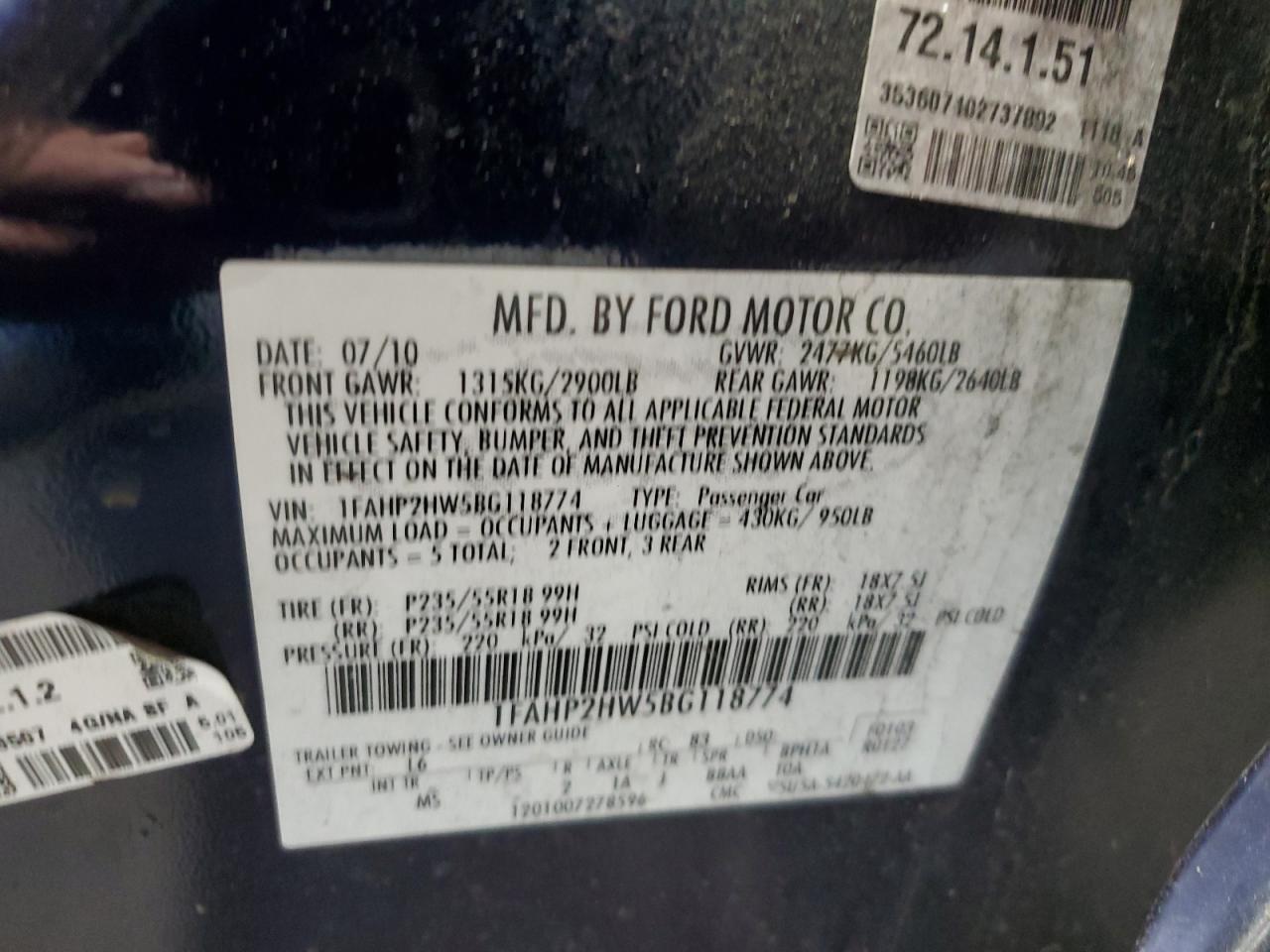 2011 Ford Taurus Sel VIN: 1FAHP2HW5BG118774 Lot: 67117184