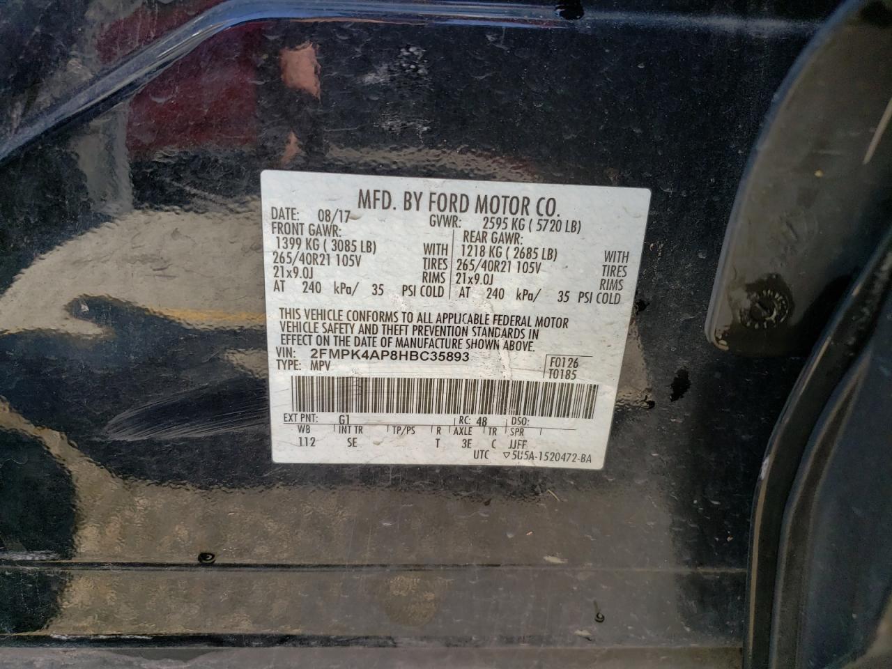 2017 Ford Edge Sport VIN: 2FMPK4AP8HBC35893 Lot: 67319184