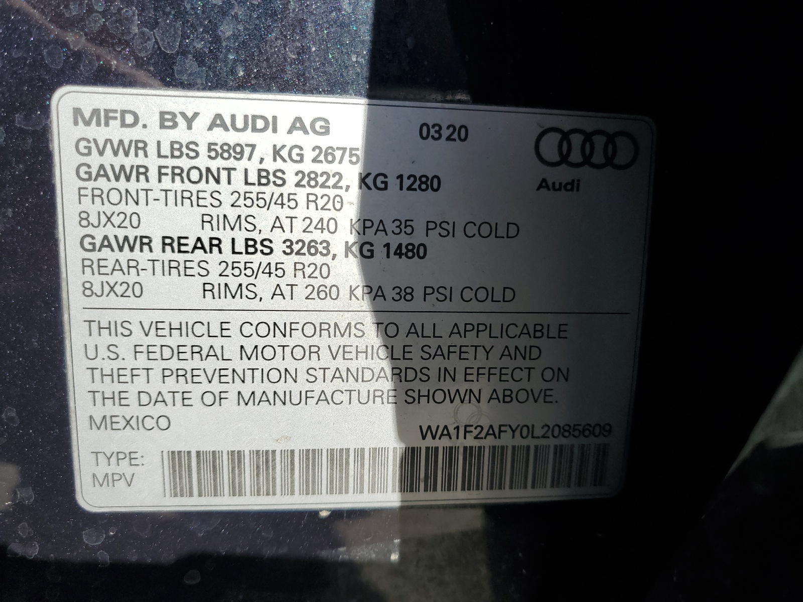 WA1F2AFY0L2085609 2020 Audi Q5 E Prestige