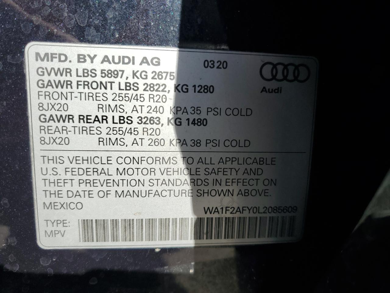 2020 Audi Q5 E Prestige VIN: WA1F2AFY0L2085609 Lot: 67981874