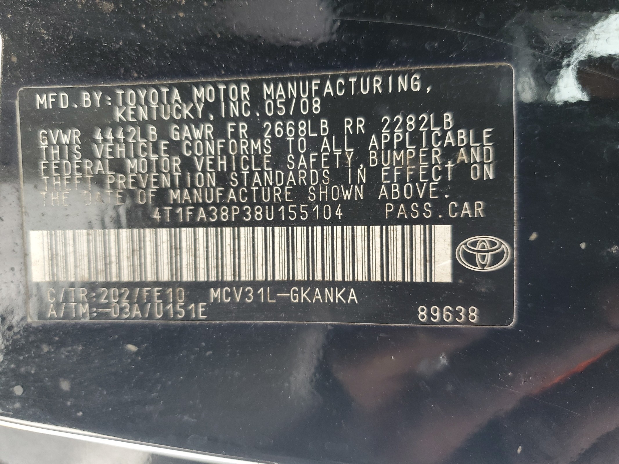 4T1FA38P38U155104 2008 Toyota Camry Solara Se