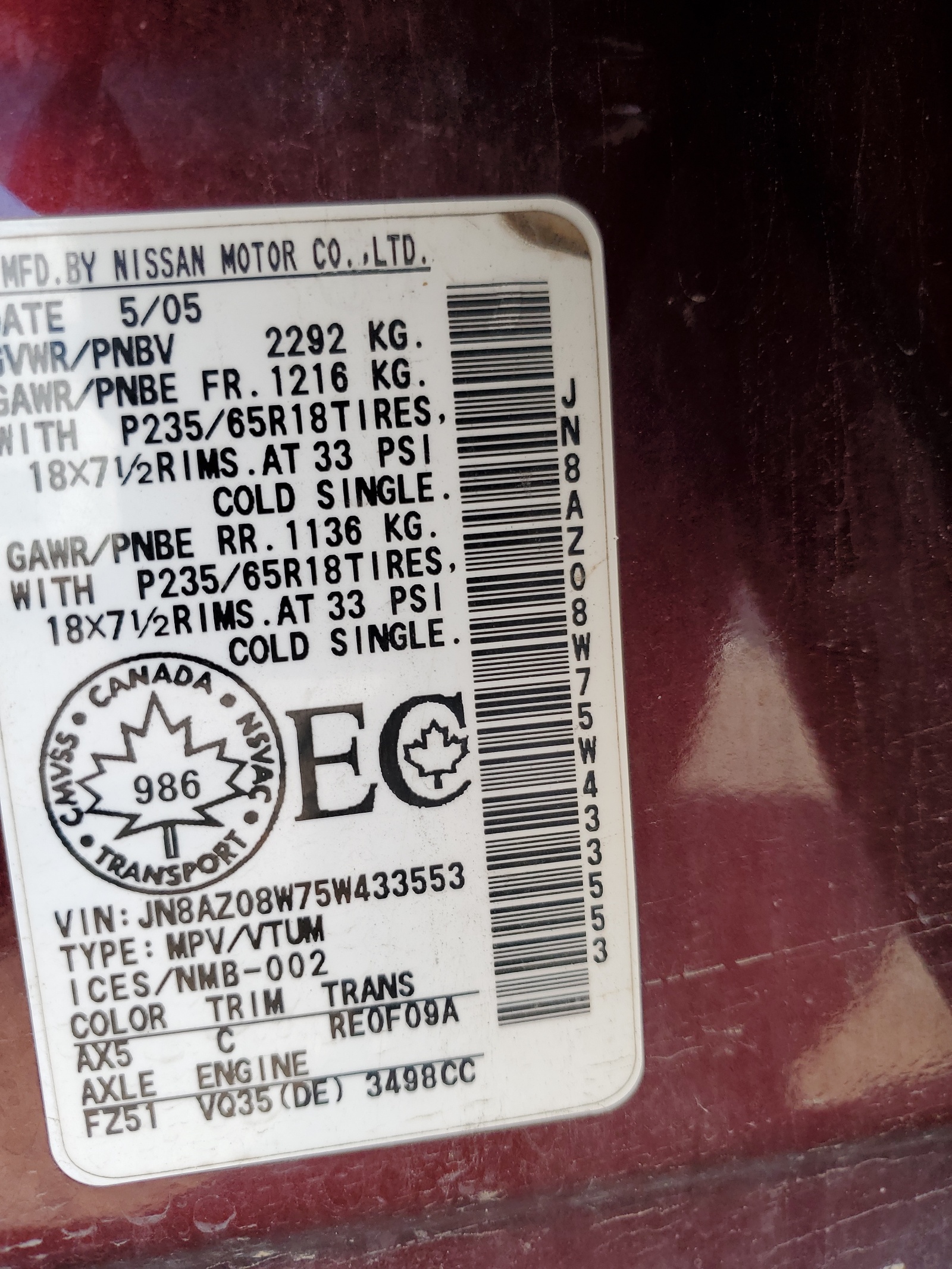 JN8AZ08W75W433553 2005 Nissan Murano Sl