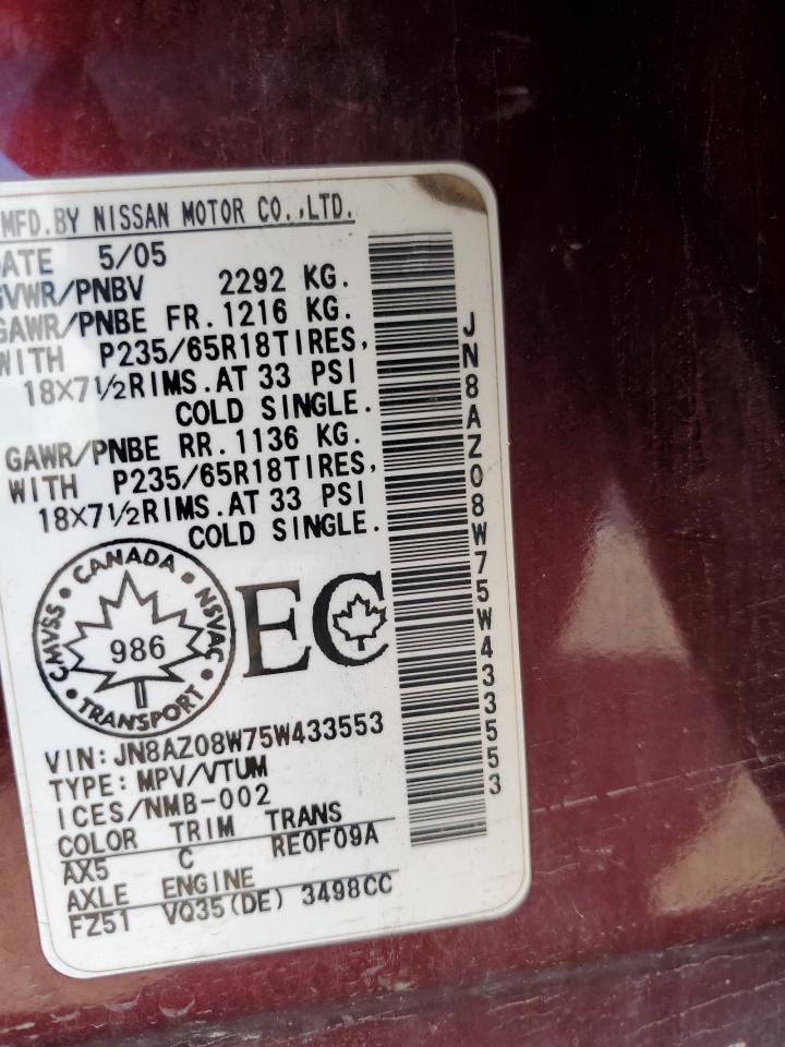 2005 Nissan Murano Sl VIN: JN8AZ08W75W433553 Lot: 64780934