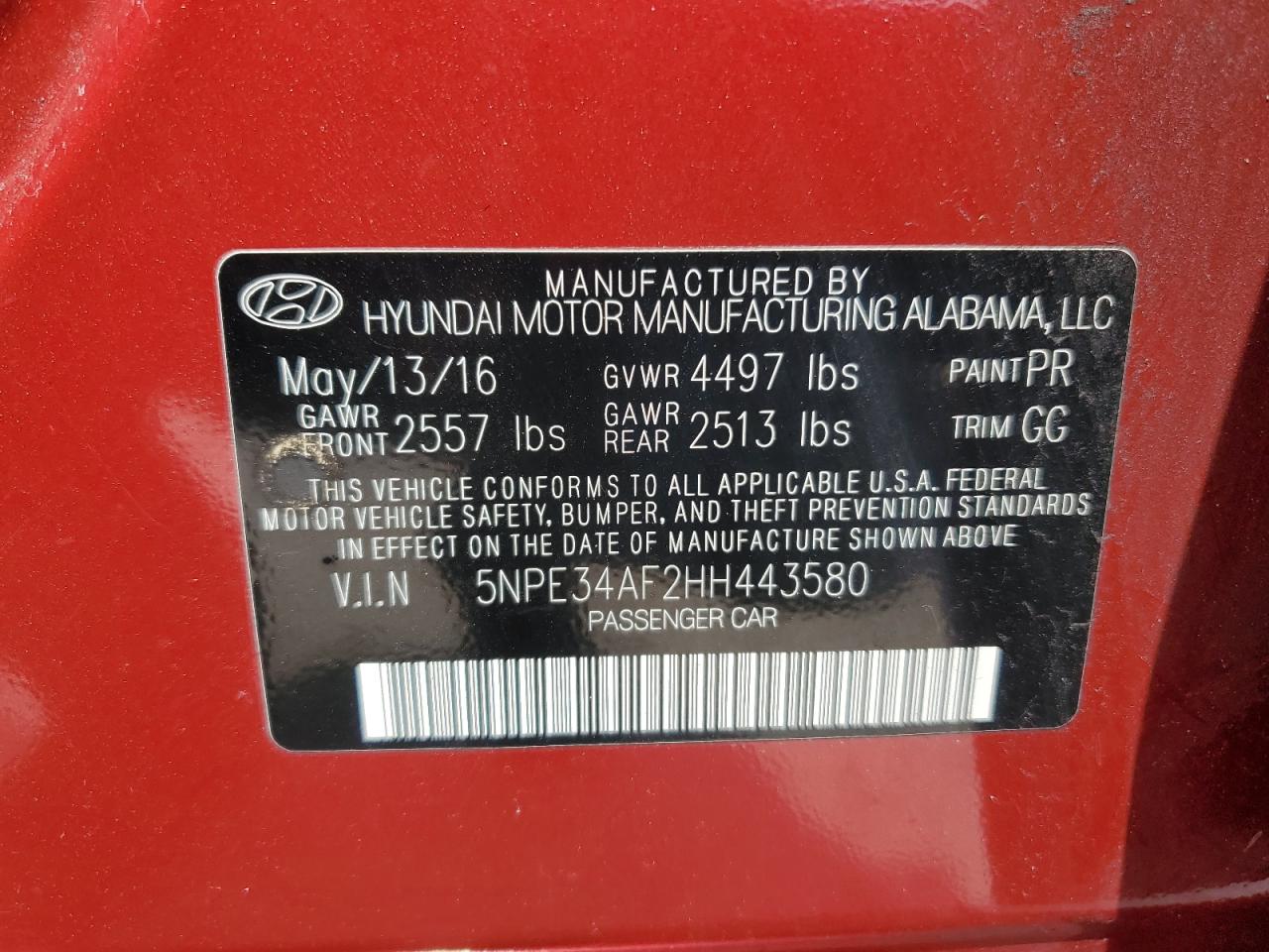 2017 Hyundai Sonata Sport VIN: 5NPE34AF2HH443580 Lot: 66070654